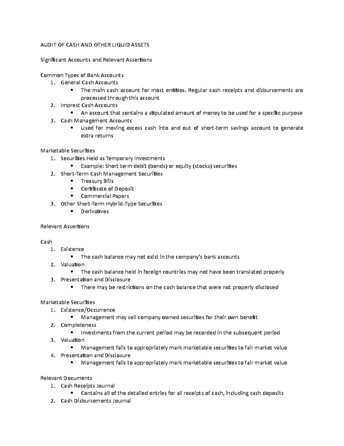 Audit OF CASH AND Other Liquid Assets - AUDIT OF CASH AND OTHER LIQUID ...