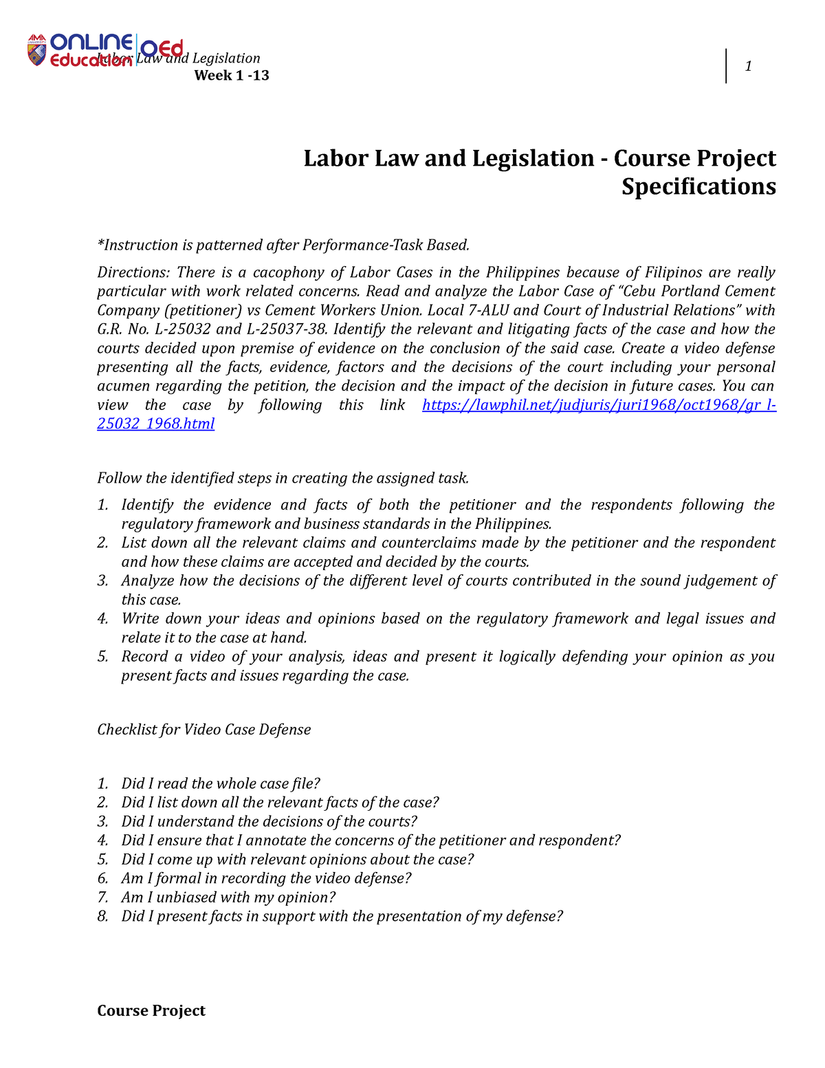 Course Project Labor Law Labor Law And Legislation Week 1 1 Labor Law And Legislation 2595