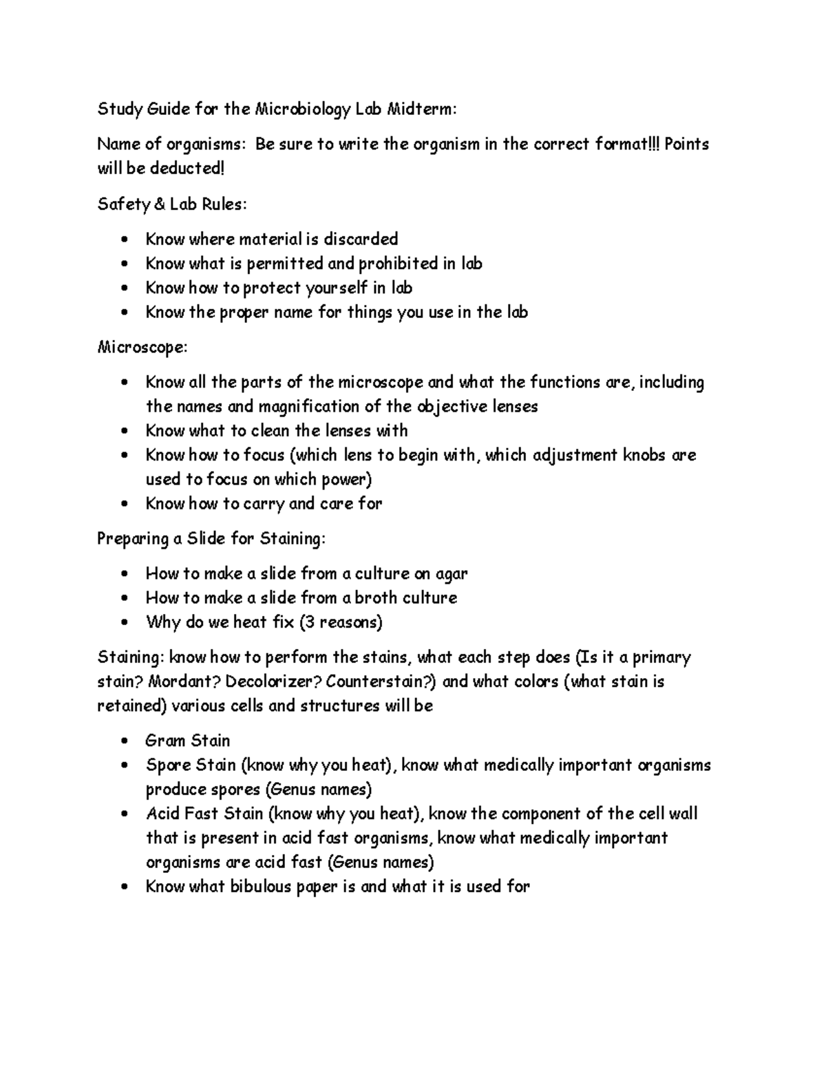 Study Guide for Micro Lab Midterm SP22 Study Guide for the