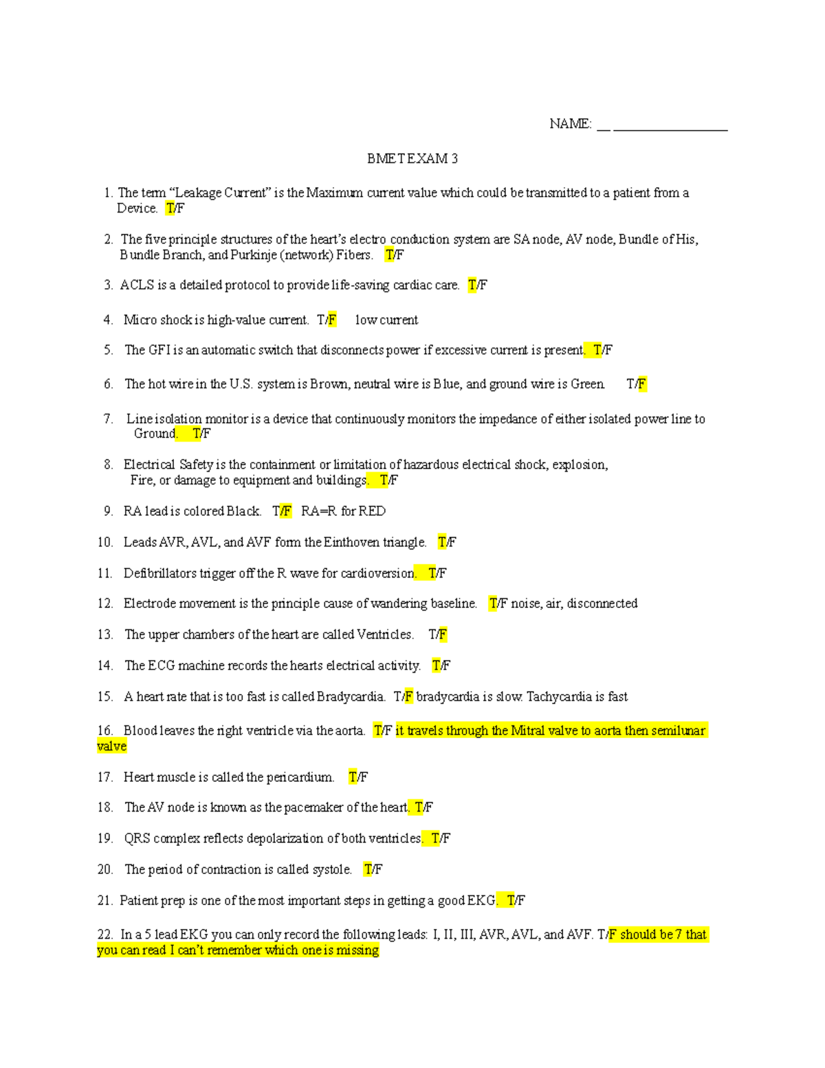 BMET 116 exam 3 - test 3 - NAME: __ _________________ BMET EXAM 3 The ...