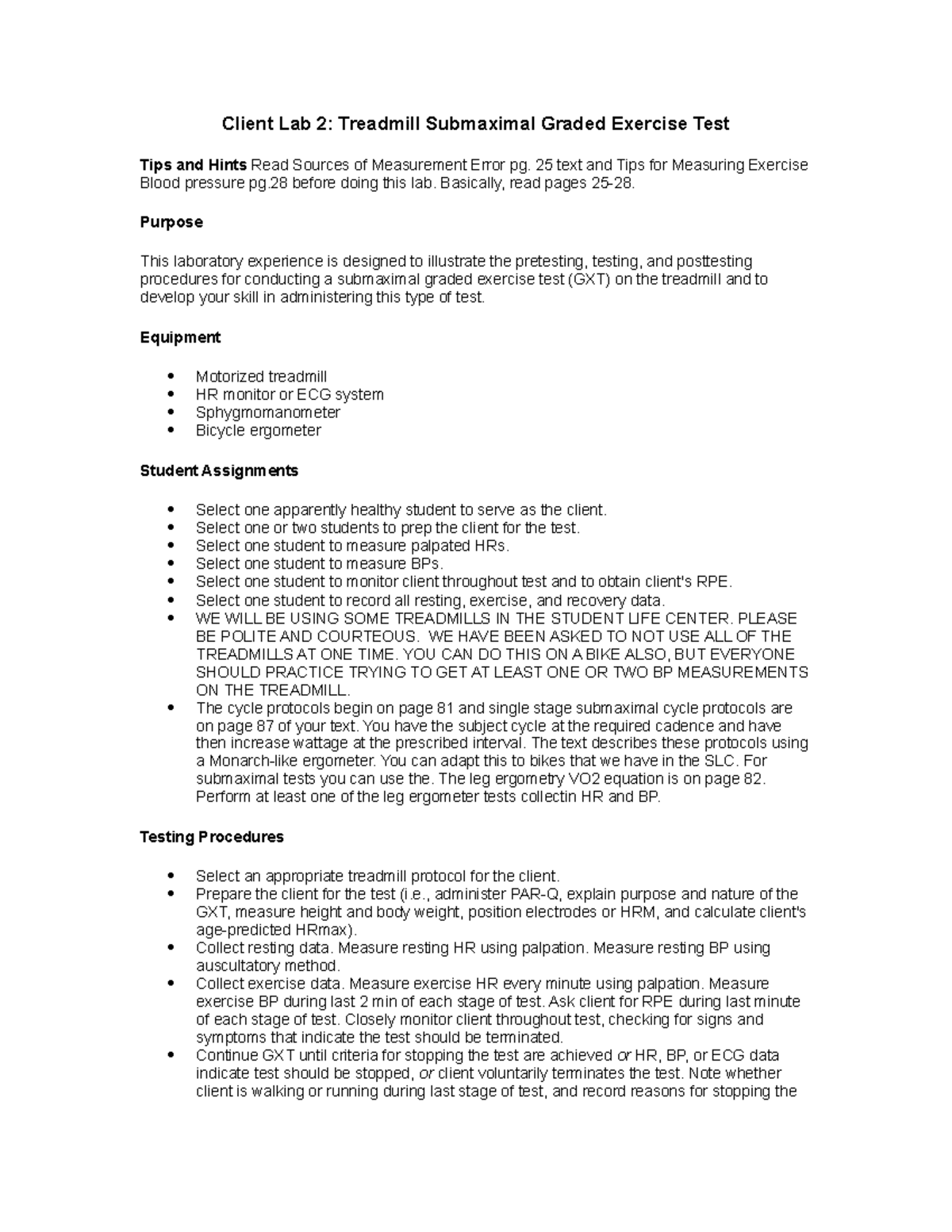 Treadmill Submaximal Graded Exercise Test KNHS 3220 Studocu