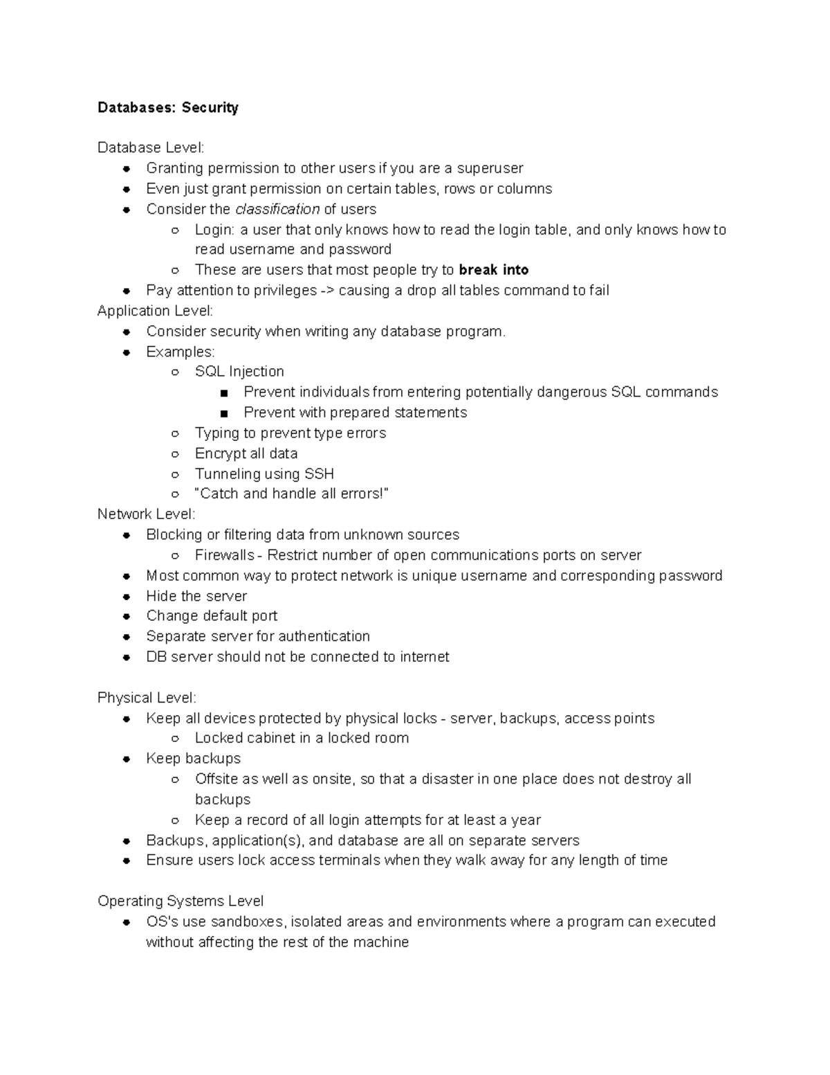 Databases Security Notes - Databases: Security Database Level: Granting ...