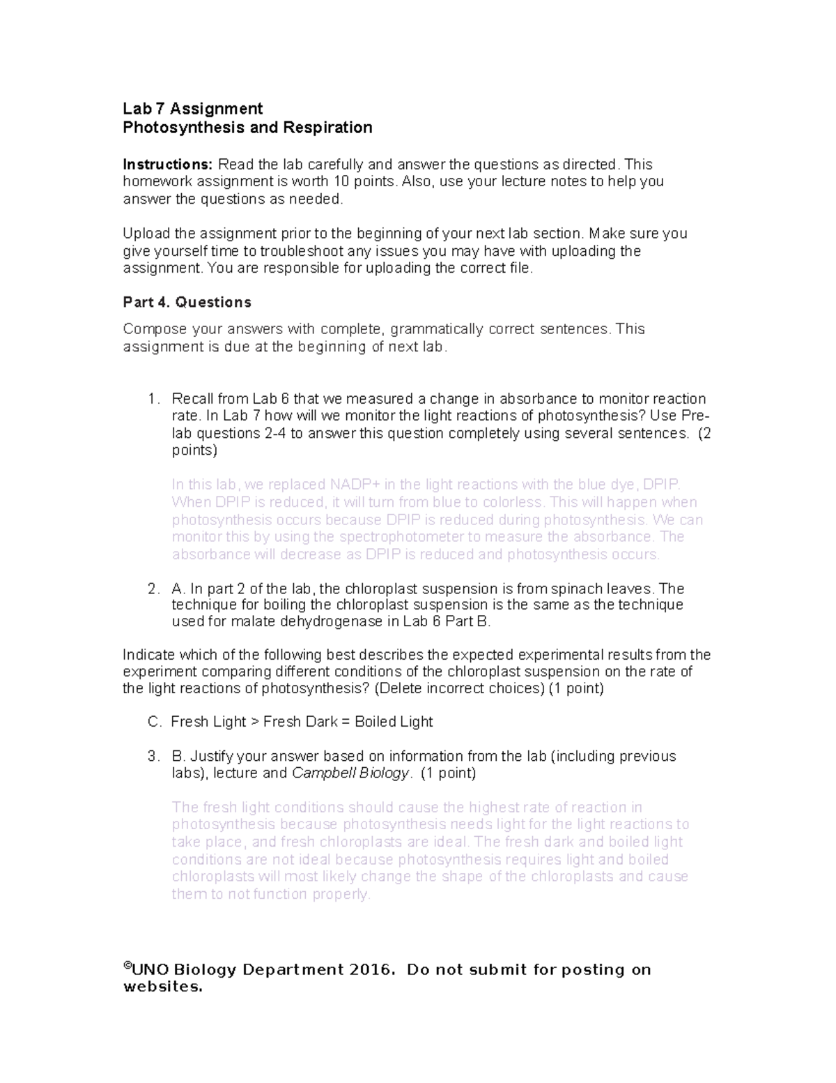 Lab 7 Assignment - Dr. Matt Northam - Lab 7 Assignment Photosynthesis ...