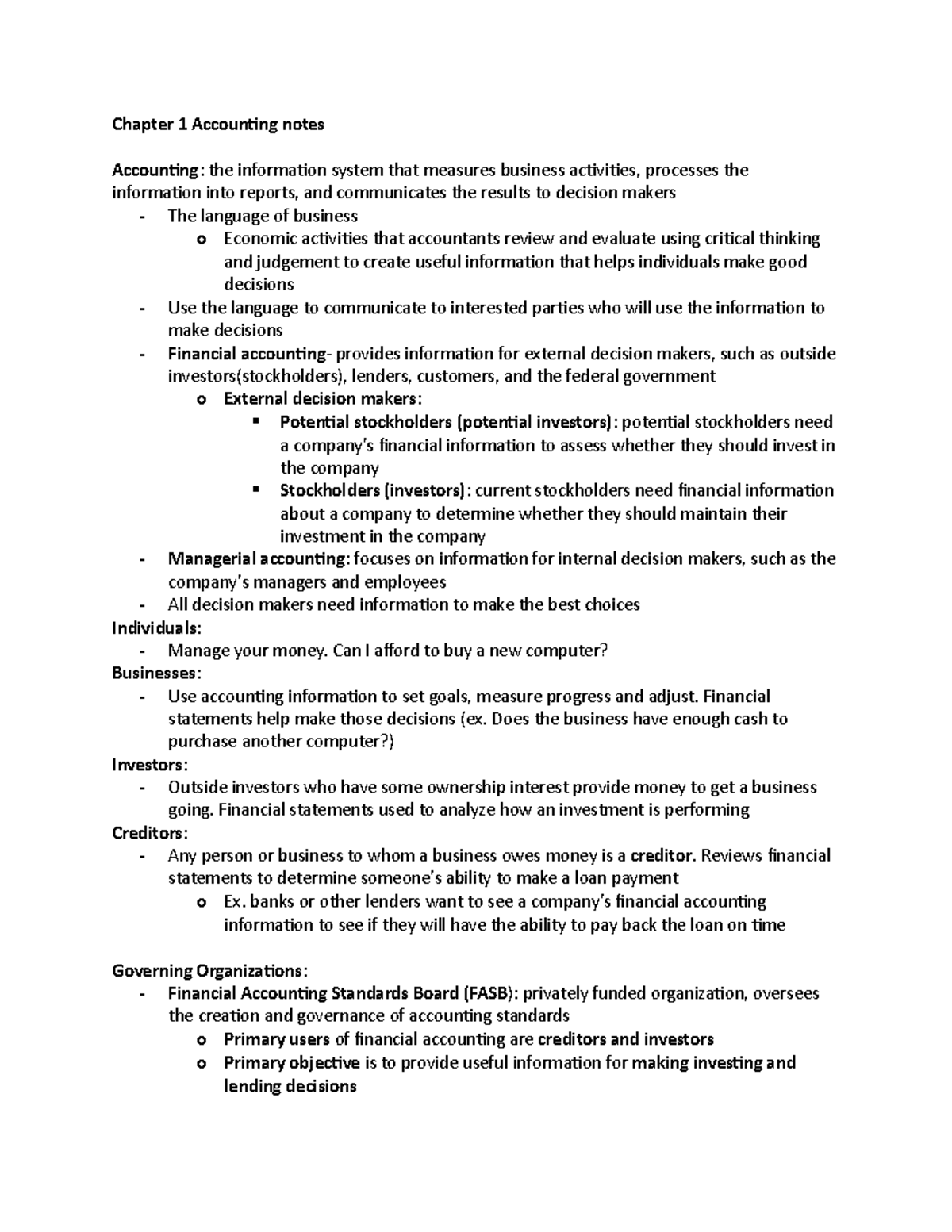 Chapter 1 Accounting I Notes - Chapter 1 Accounting Notes Accounting ...