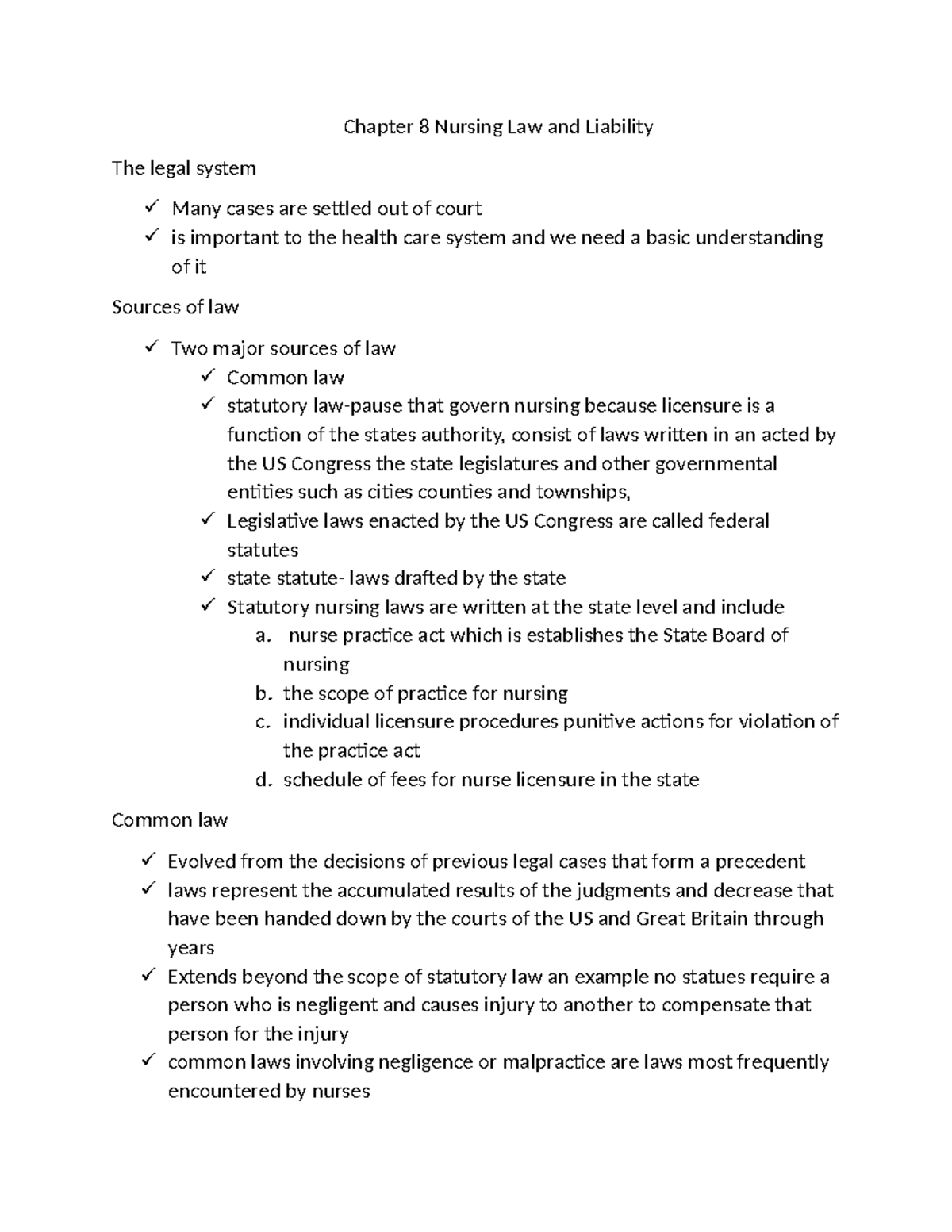 Nursin now notes - Chapter 8 Nursing Law and Liability The legal system ...
