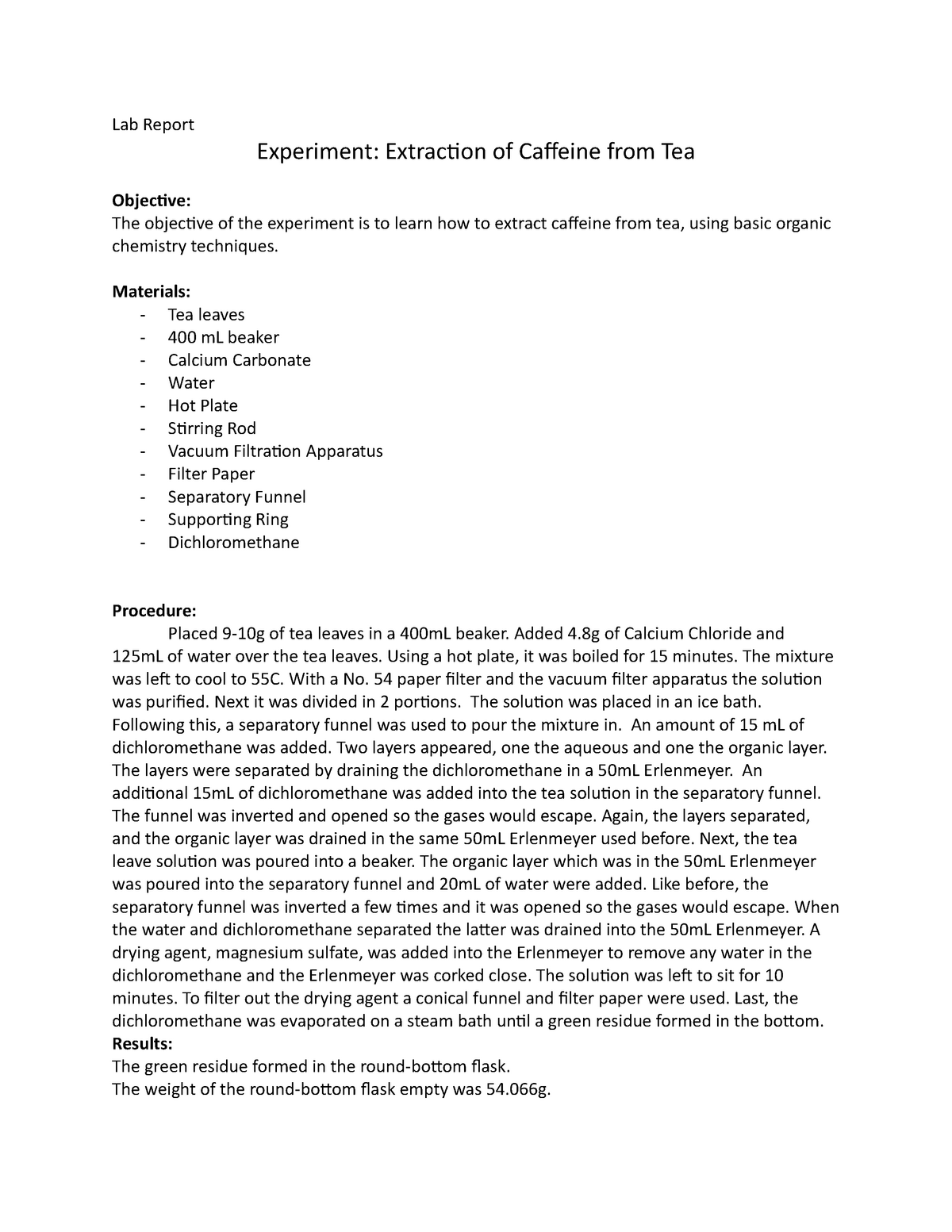 caffeine extraction lab report