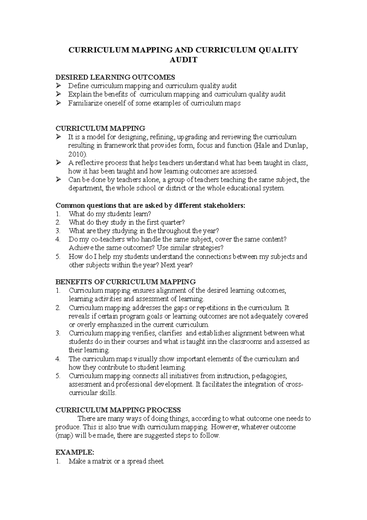 Curriculum Mapping And Curriculum Quality Audit