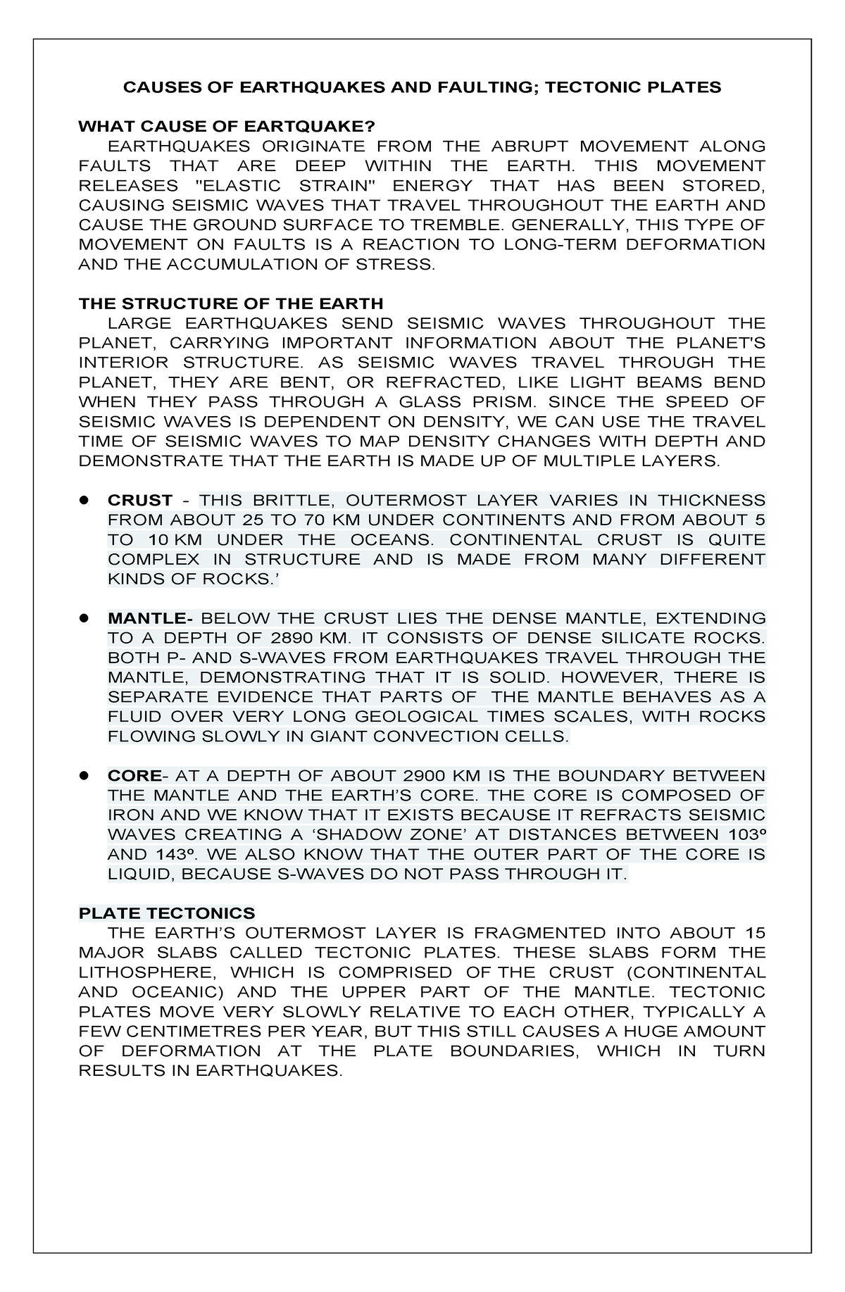 RSW No - Summary BS Civil Engineering - CAUSES OF EARTHQUAKES AND ...