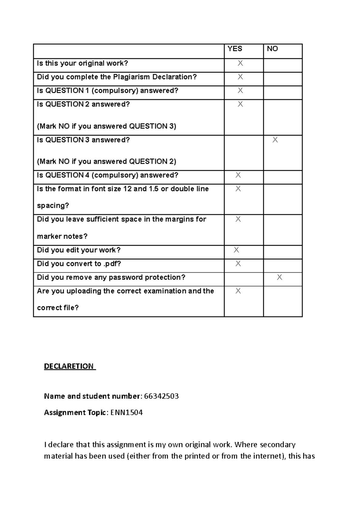 ENN1504 Portfolio - 85% Passed - YES NO Is This Your Original Work? X ...