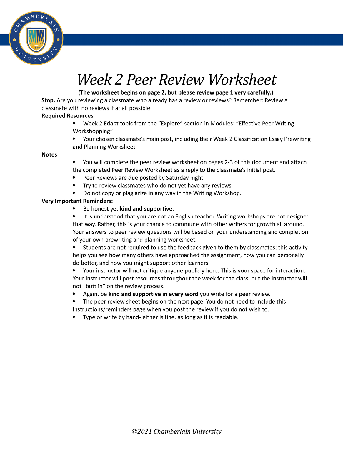 Week 2 Peer Review Worksheet Week 2 Peer Review Worksheet The Worksheet Begins On Page 2 But