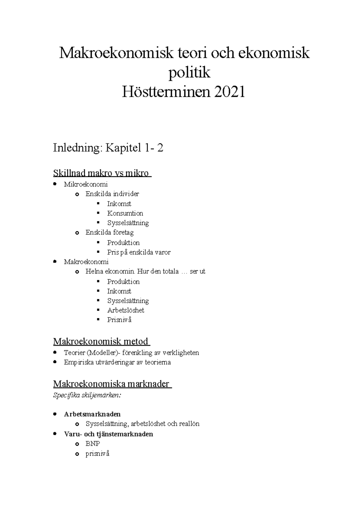 Makroekonomisk Teori Och Ekonomisk Politik- Föreläsnings Anteckningar ...