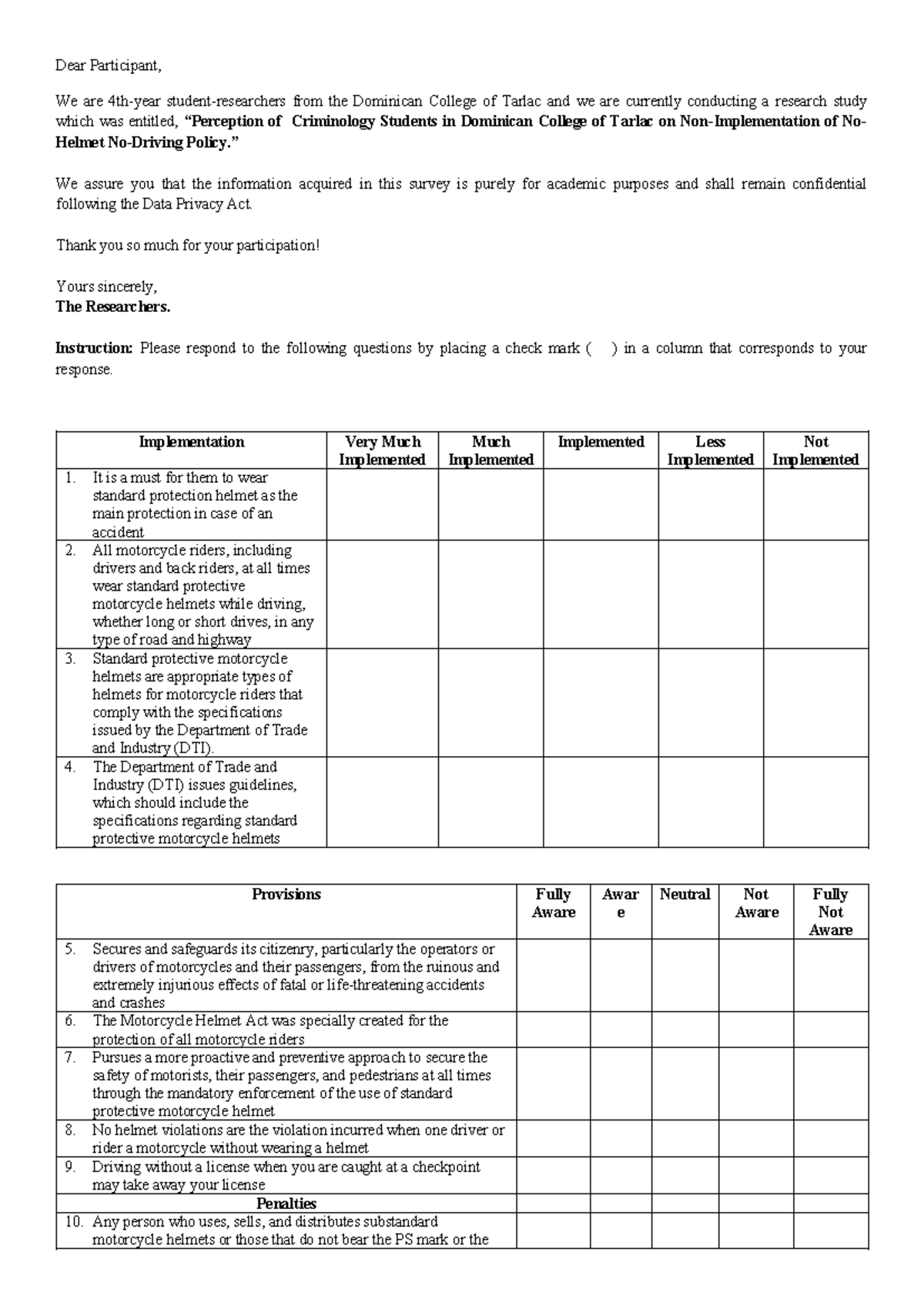 Final- Questionnaire NO- Helmet - Dear Participant, We are 4th-year ...