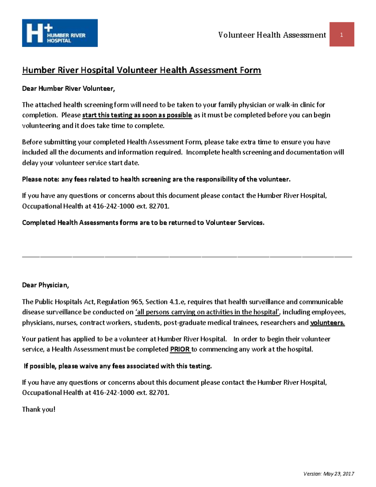 Volunteer Health Assessment Form - Please start this testing as soon as ...