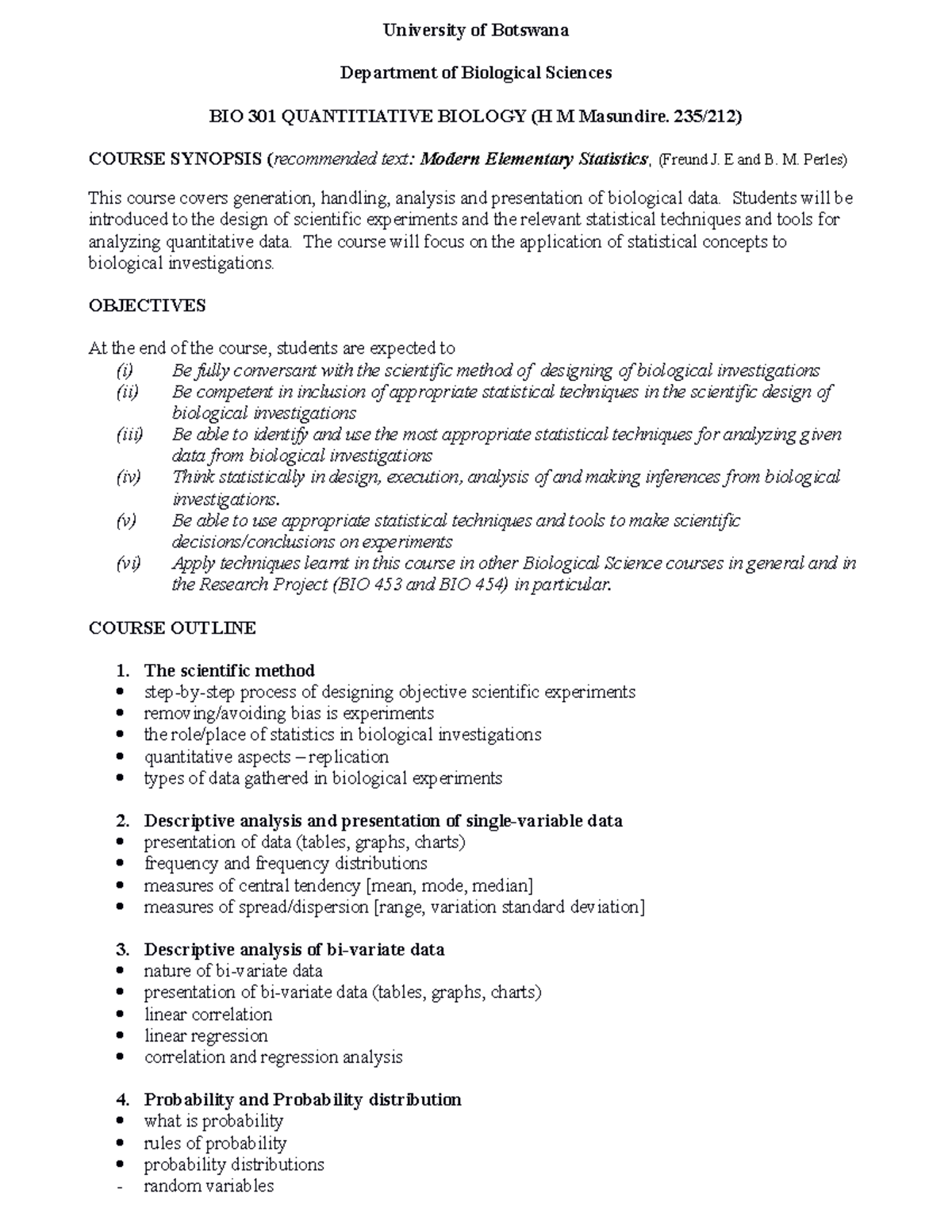 Bio 301 - Quantitative Biology Course Outline - University of Botswana ...
