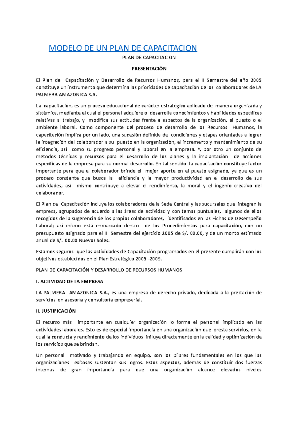 Modelo DE UN PLAN DE Capacitacion - MODELO DE UN PLAN DE CAPACITACION ...