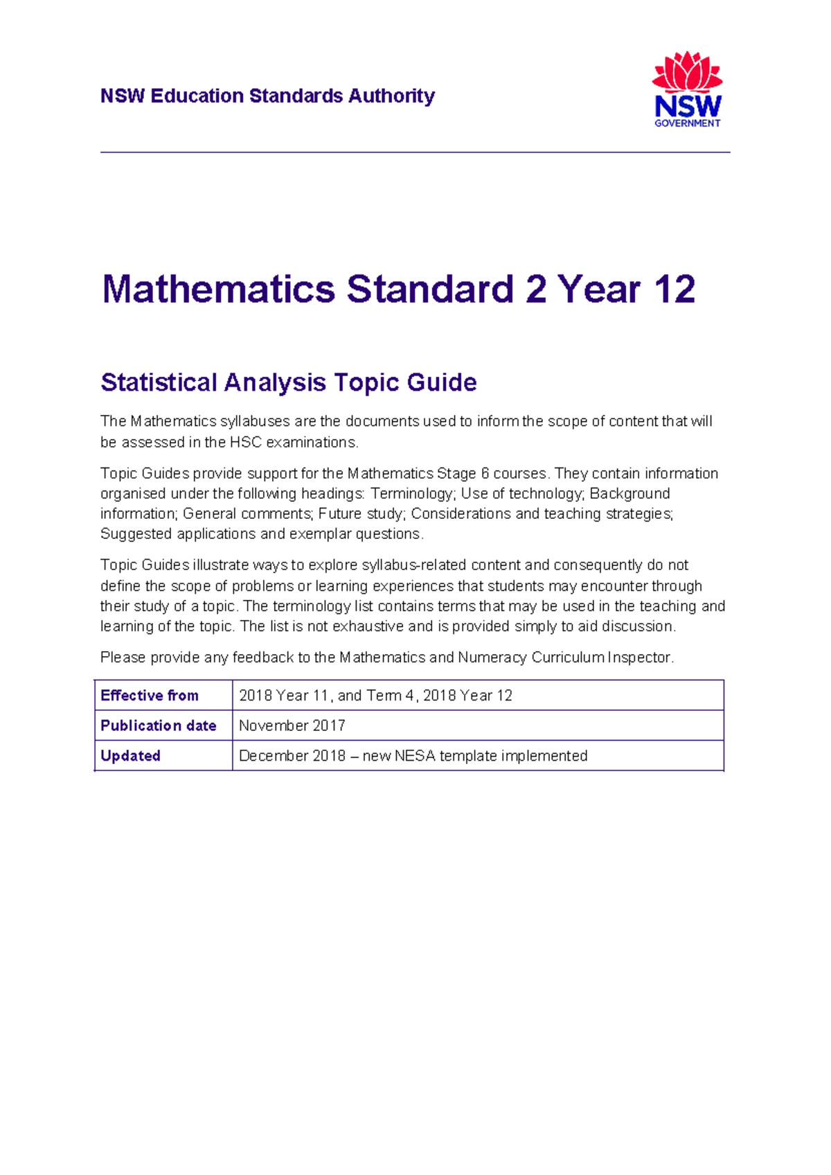 Mathematics standard 2 year 12 topic guide statistical analysis - NSW ...