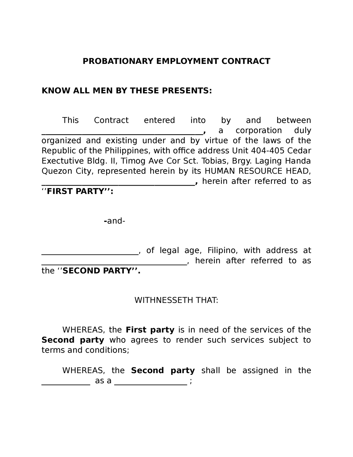 Probationary Contract Employment Drafted PROBATIONARY EMPLOYMENT
