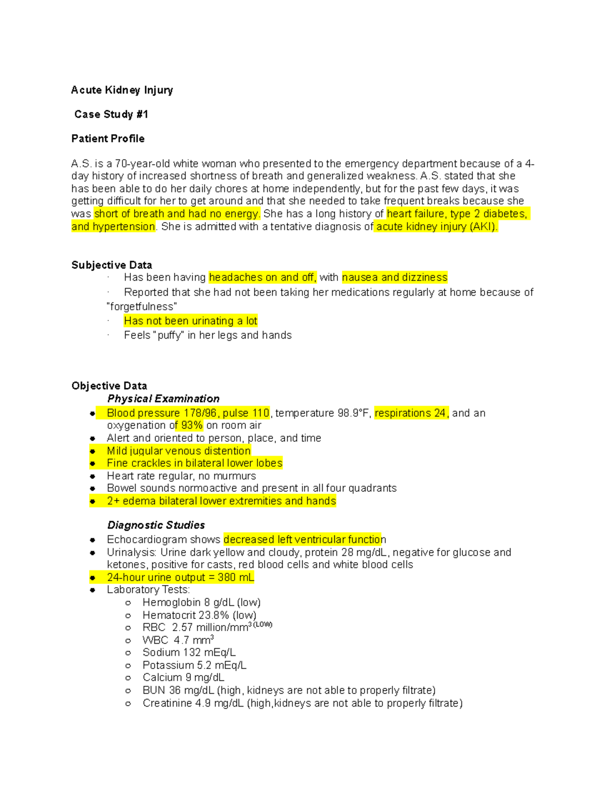 Acute Kidney Injury case study w answers Acute Kidney Injury Case