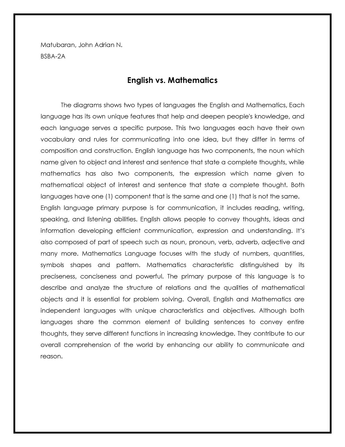 english vs mathematics essay