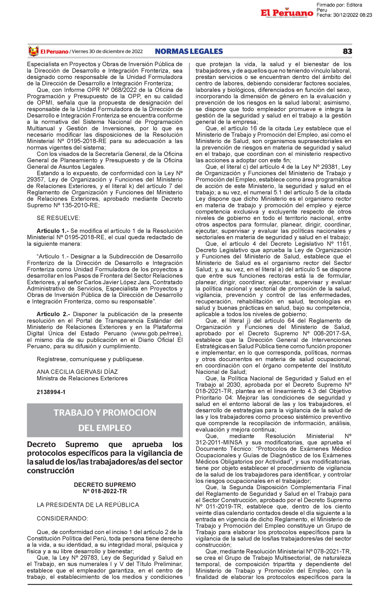 Decreto Supremo N 018 2022 TR - El Peruano /Viernes 30 De Diciembre De ...