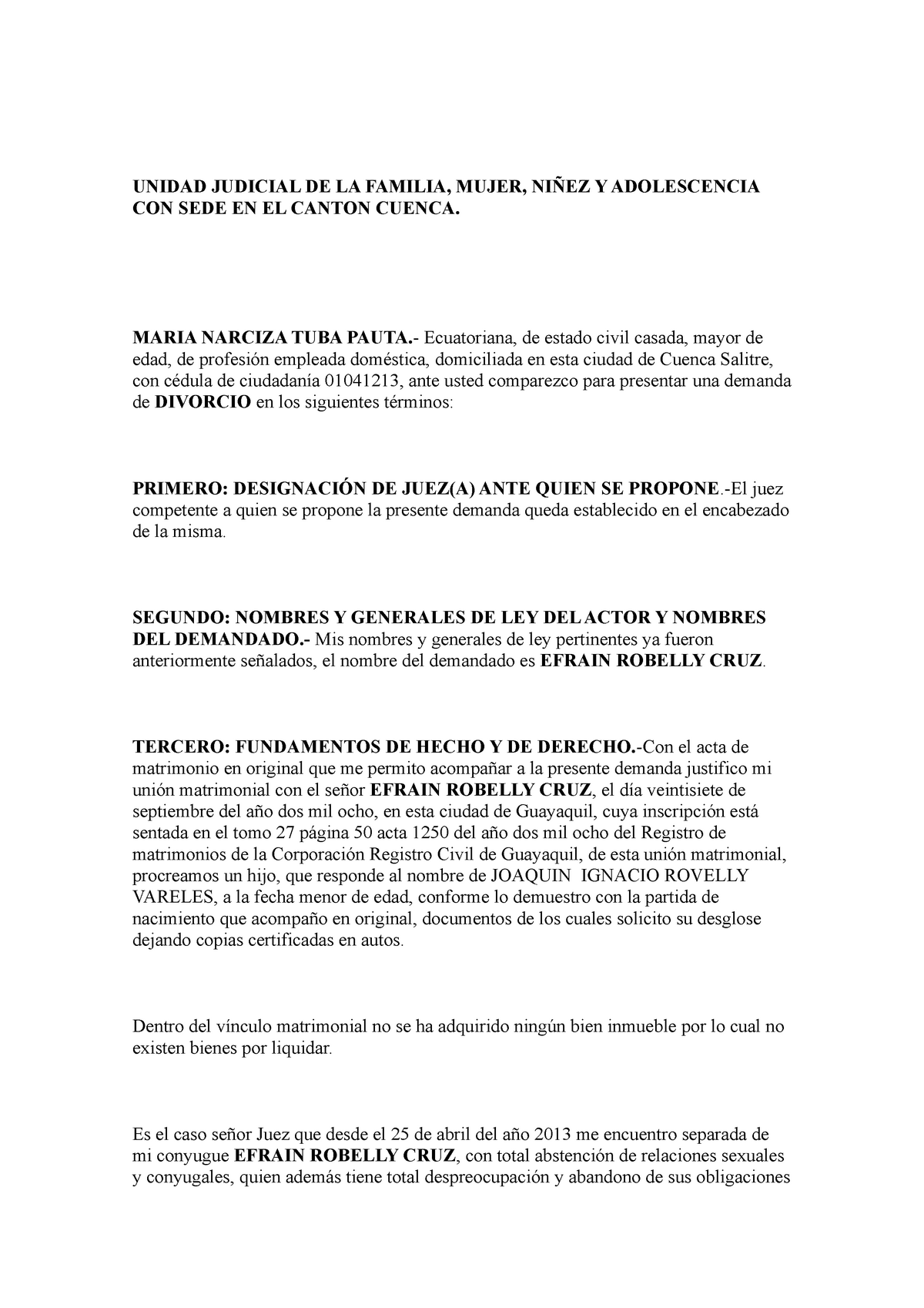 Demanda DE Divorcio POR Causal 11º Abandono DE Hogar - UNIDAD JUDICIAL DE  LA FAMILIA, MUJER, NIÑEZ Y - Studocu