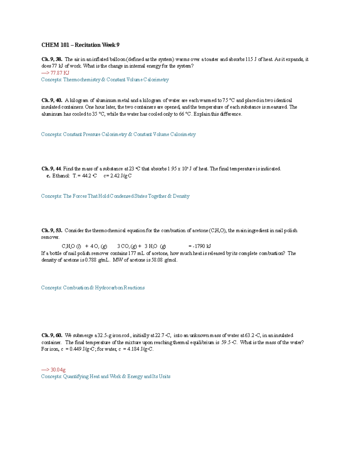 Chem Pre-Recitation Week 9 - CHEM 101 – Recitation Week 9 Ch. 9, 38 ...