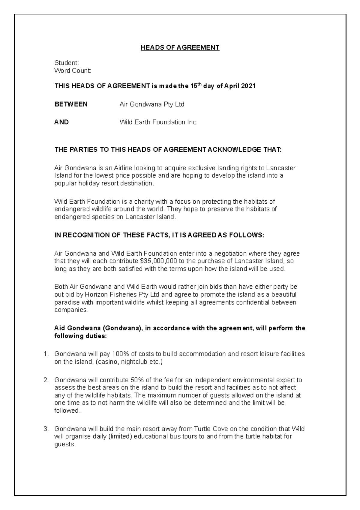 Pro Forma Contract law Air Gondwana Module 4 - HEADS OF AGREEMENT ...