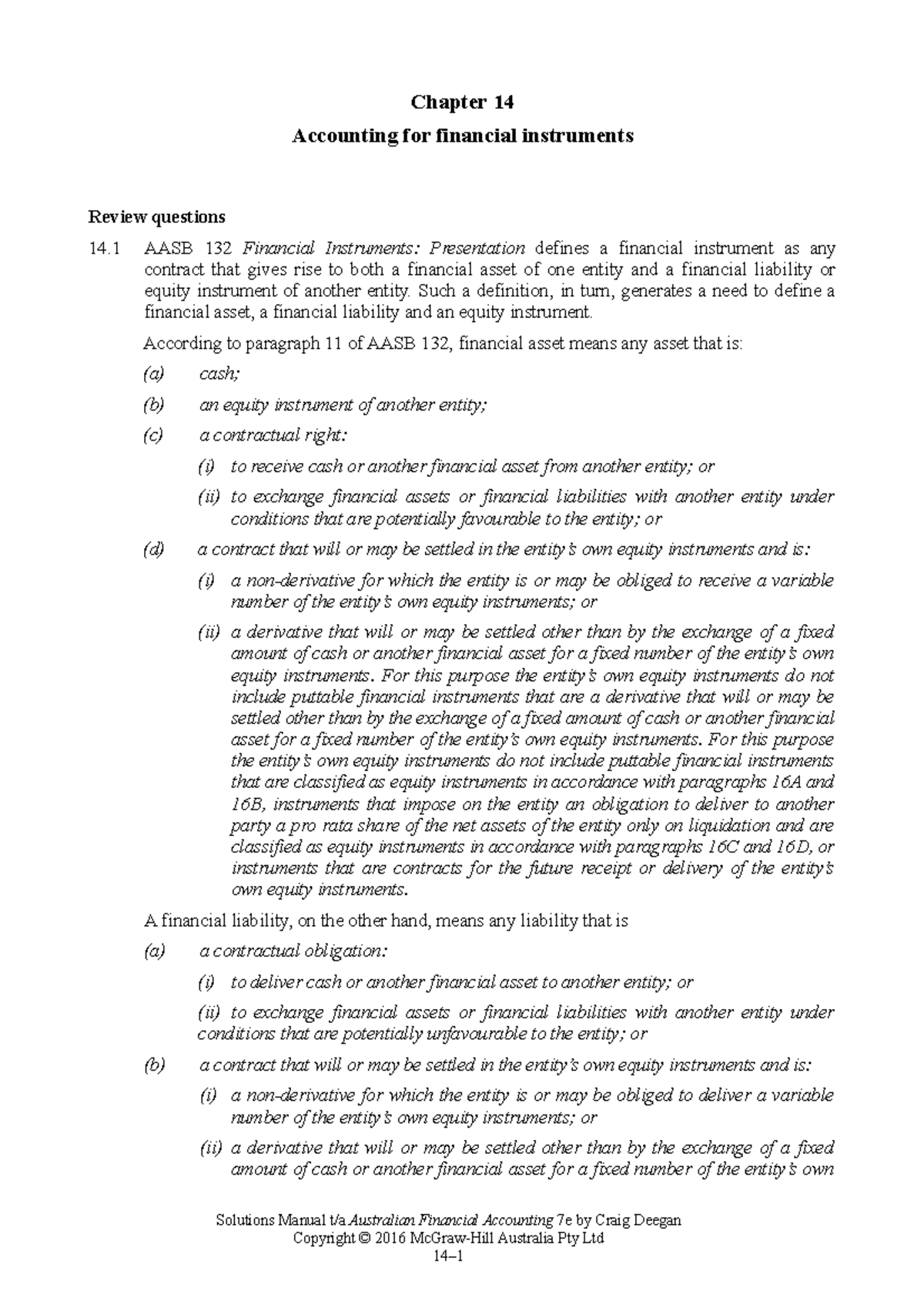 Deegan FA 8e SM Ch14 - Chapter 14 Accounting for financial instruments ...