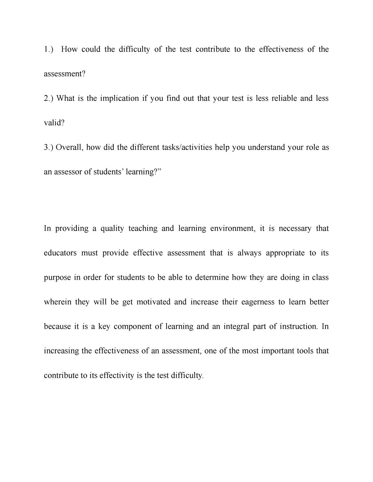 essay test in assessment of learning