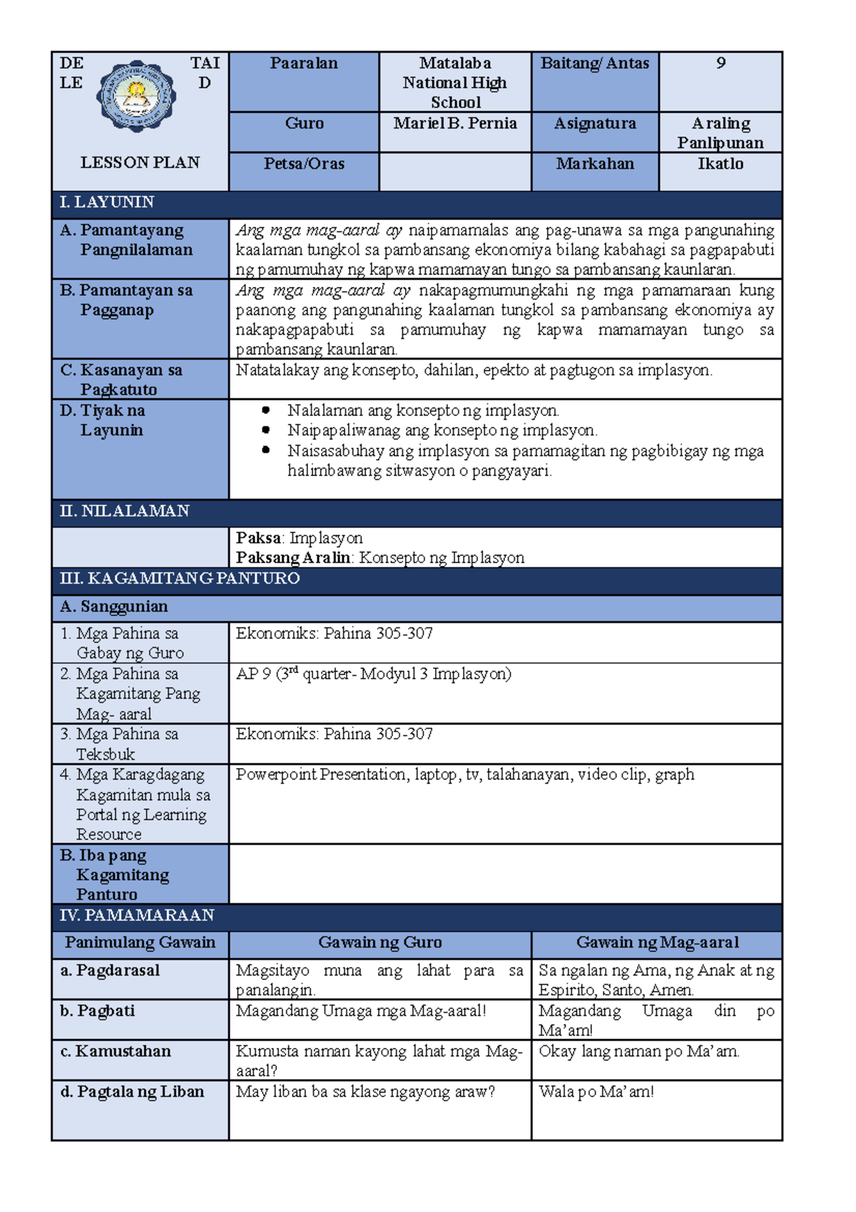 Local Demo lp - Lesson Plan - DE TAI LE D LESSON PLAN Paaralan Matalaba ...