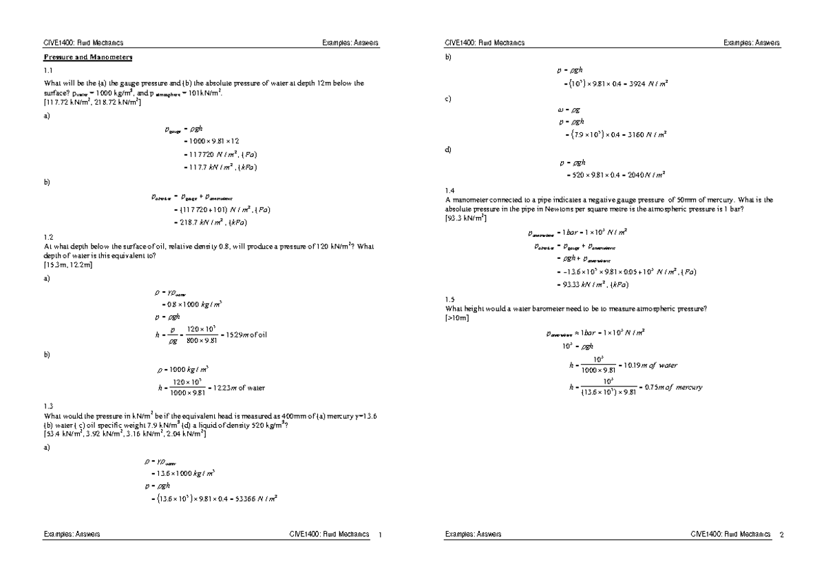 Fluid Solutions - Student - Pressure And Manometers 1. What Will Be The 