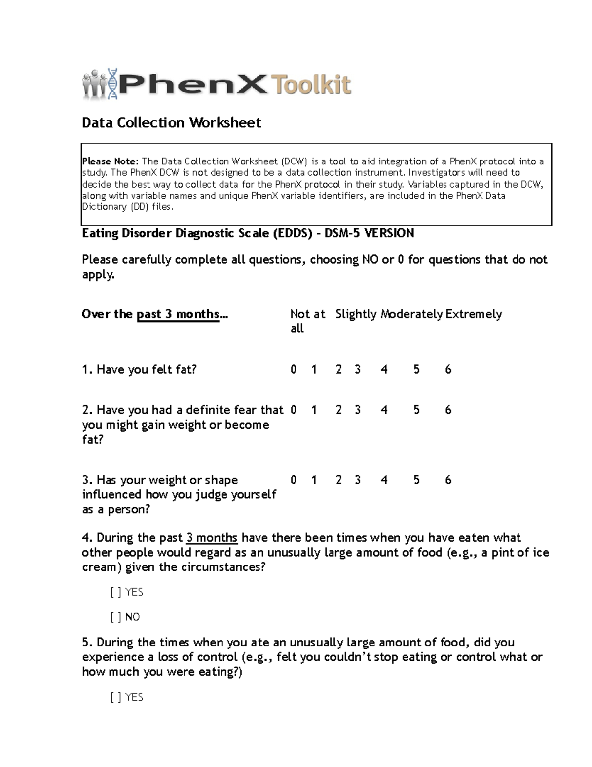 Eating Disorder scale - Diagnostics test - Data Collection Worksheet ...