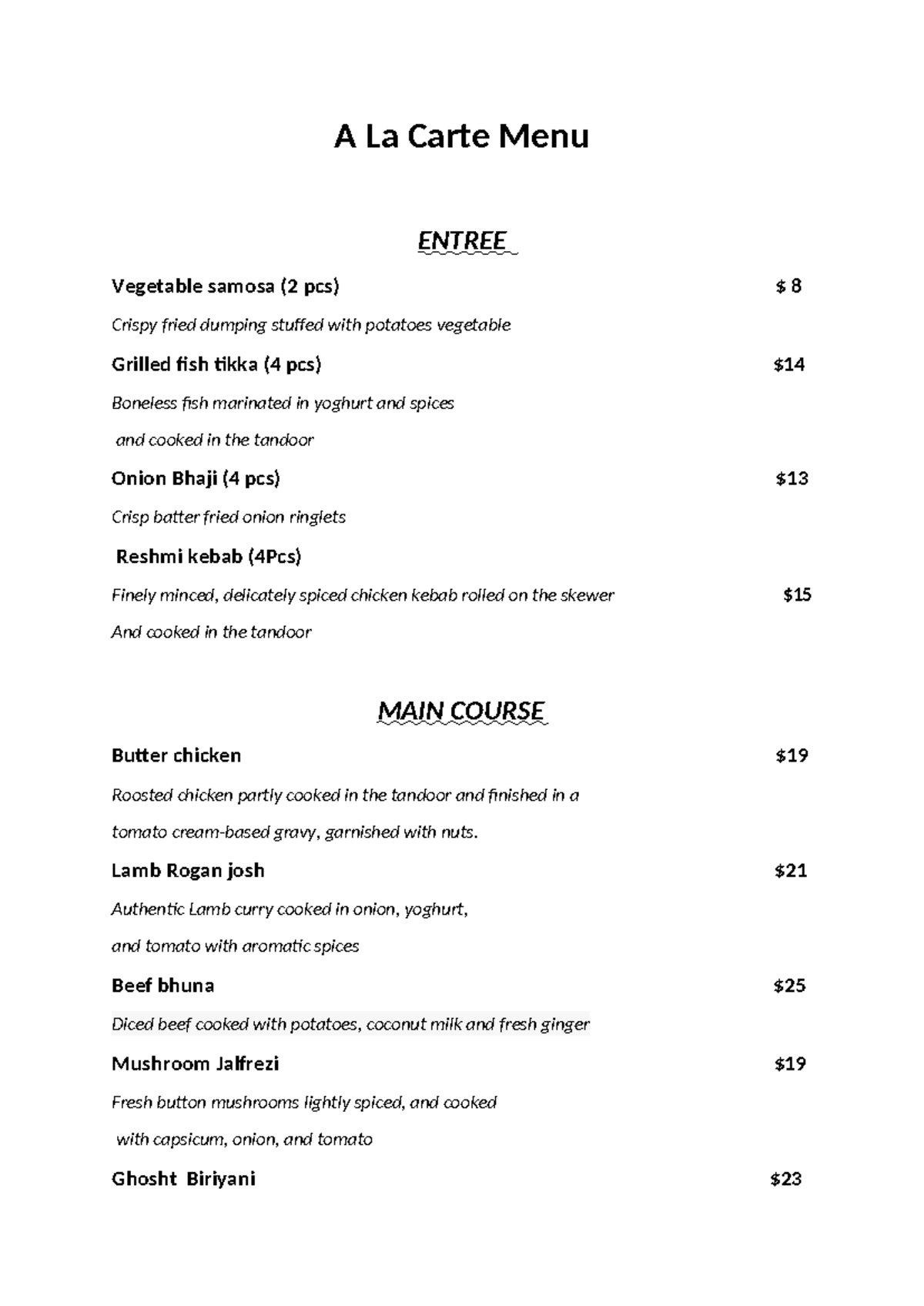 Aa La Carte Menu menu presentation A La Carte Menu ENTREE Vegetable