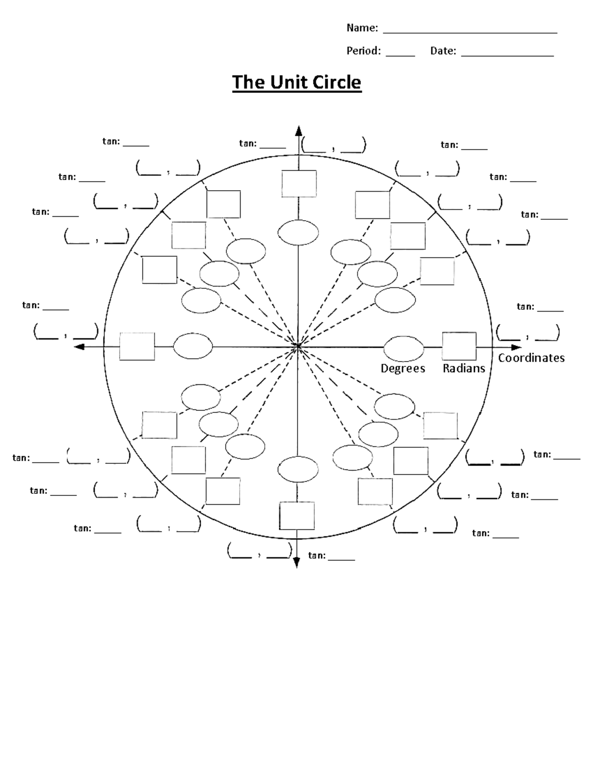 Blank Unit Circle - Degrees Radians Coordinates tan: _____ tan ...