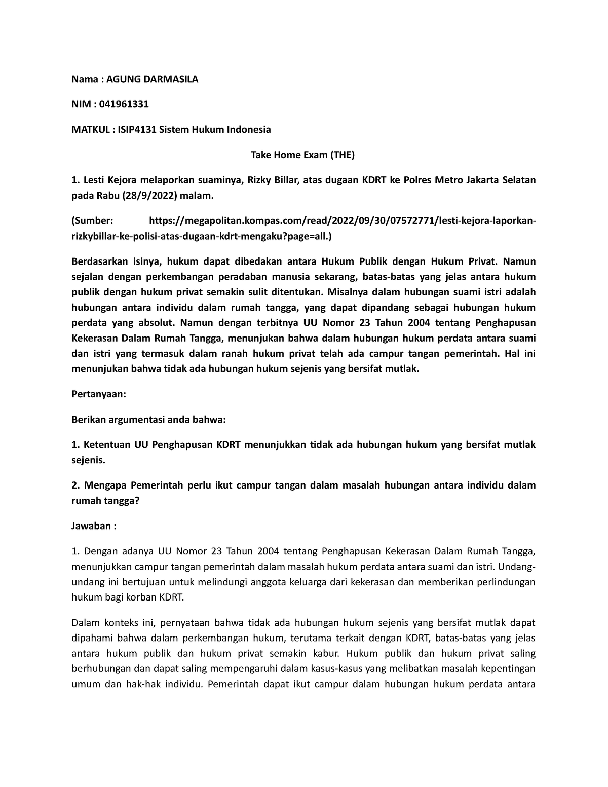 THE ISIP4131 - Sistem Hukum Indonesia - Nama : AGUNG DARMASILA NIM ...