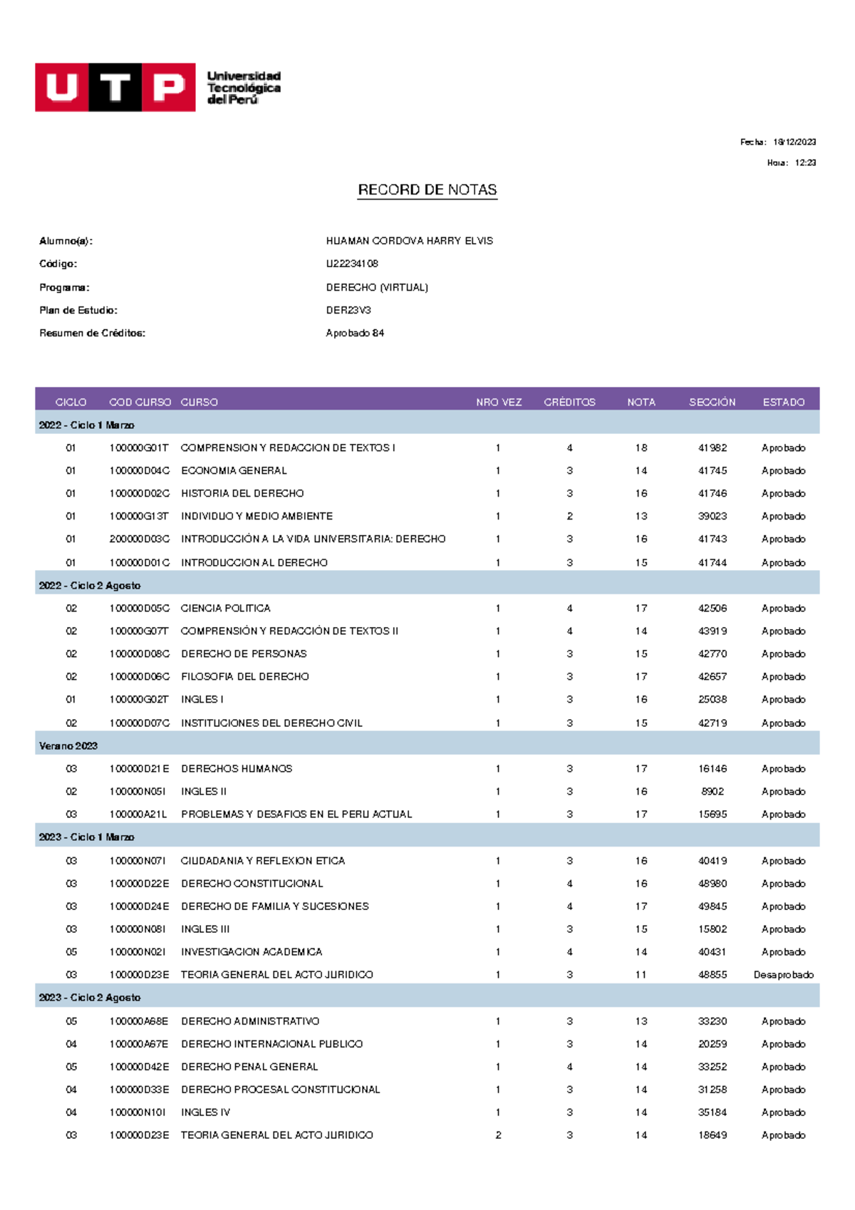 Record notas U22234108 - Fecha: 18/12/ Hora: 12: RECORD DE NOTAS Alumno ...