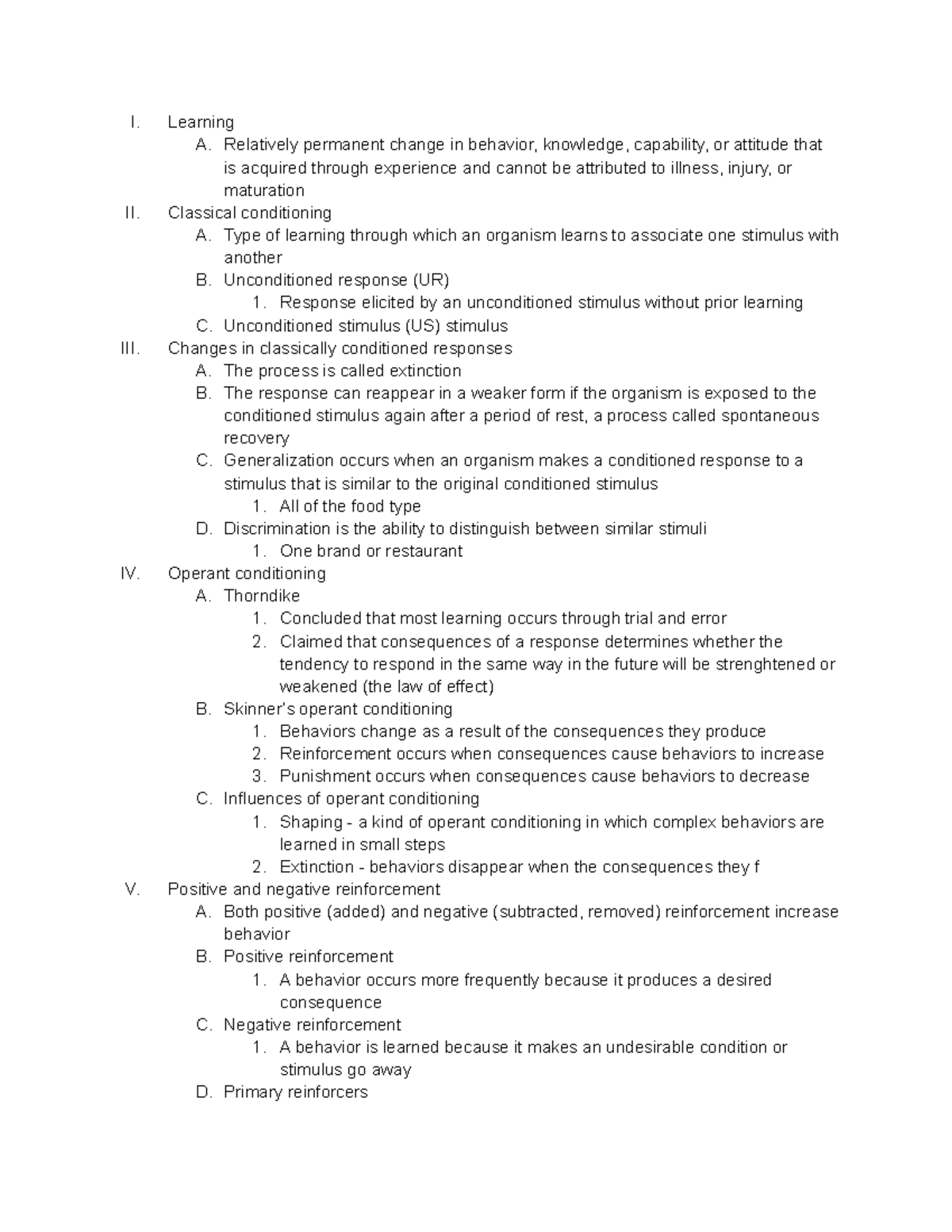 Chapter 5 Notes - I. Learning A. Relatively permanent change in ...