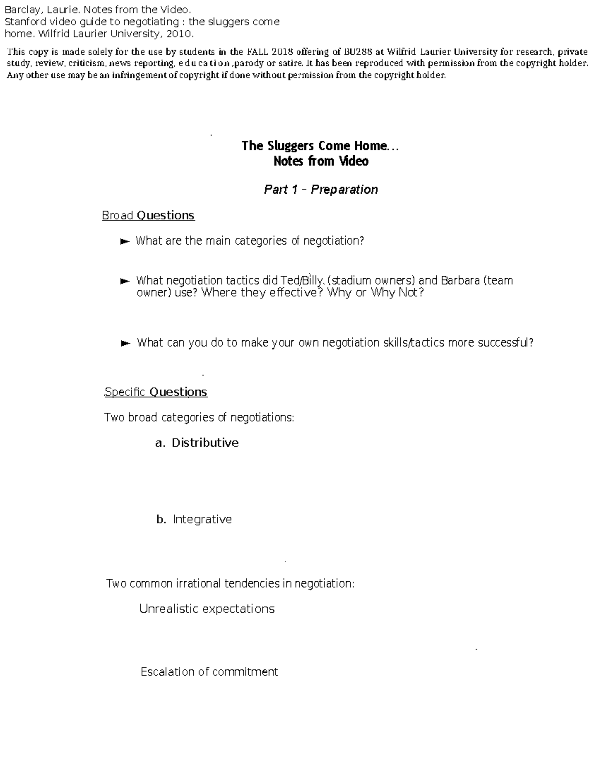 Negotiation InClass Template Barclay, Laurie. Notes from the Video Negotiation InClass Template Barclay, Laurie. Notes from the Video