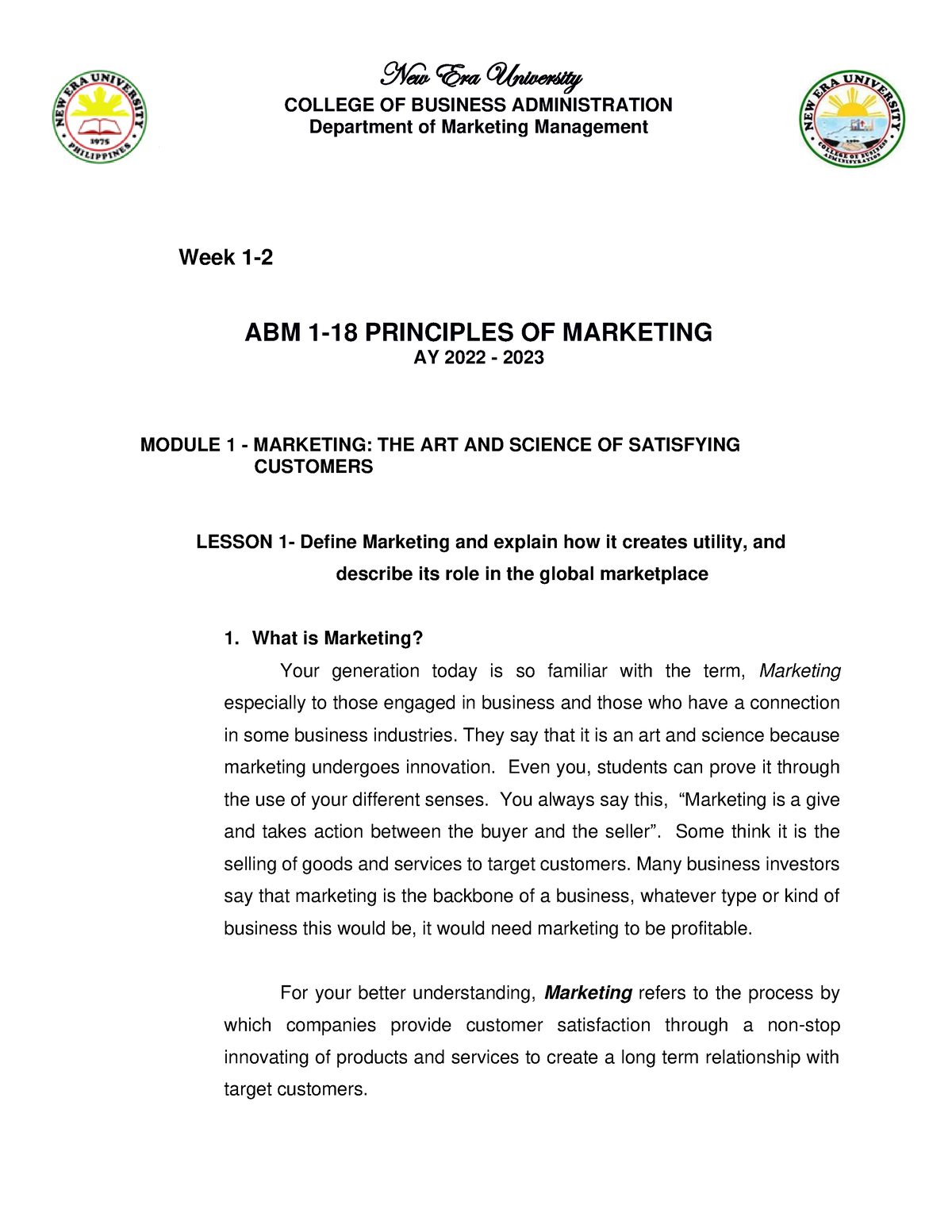 Principles OF Marketing Module 1 FOR Students - MODULE 1 - MARKETING ...