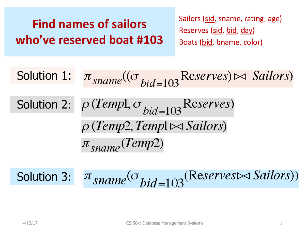 Lec11-RA-answers - RA-answers - Find names of sailors who’ve reserved ...