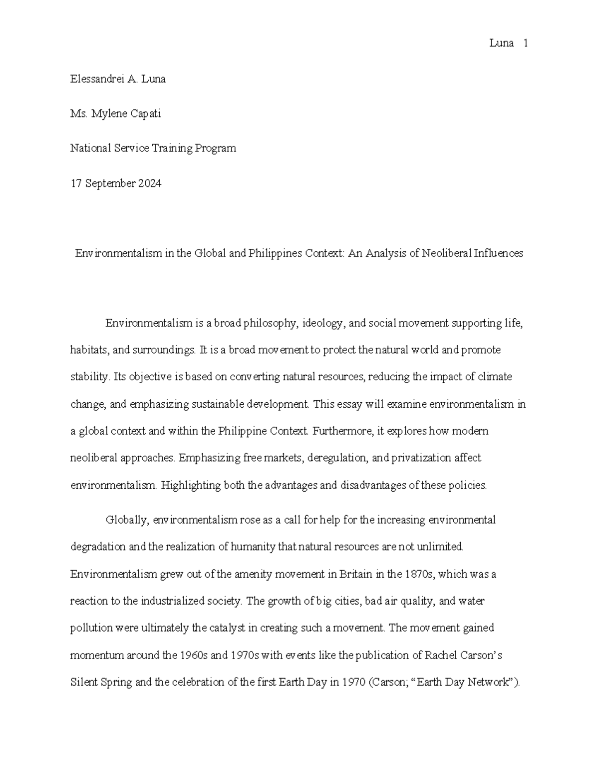 Environmentalism in the Global and Philippine Contexts An Analysis of