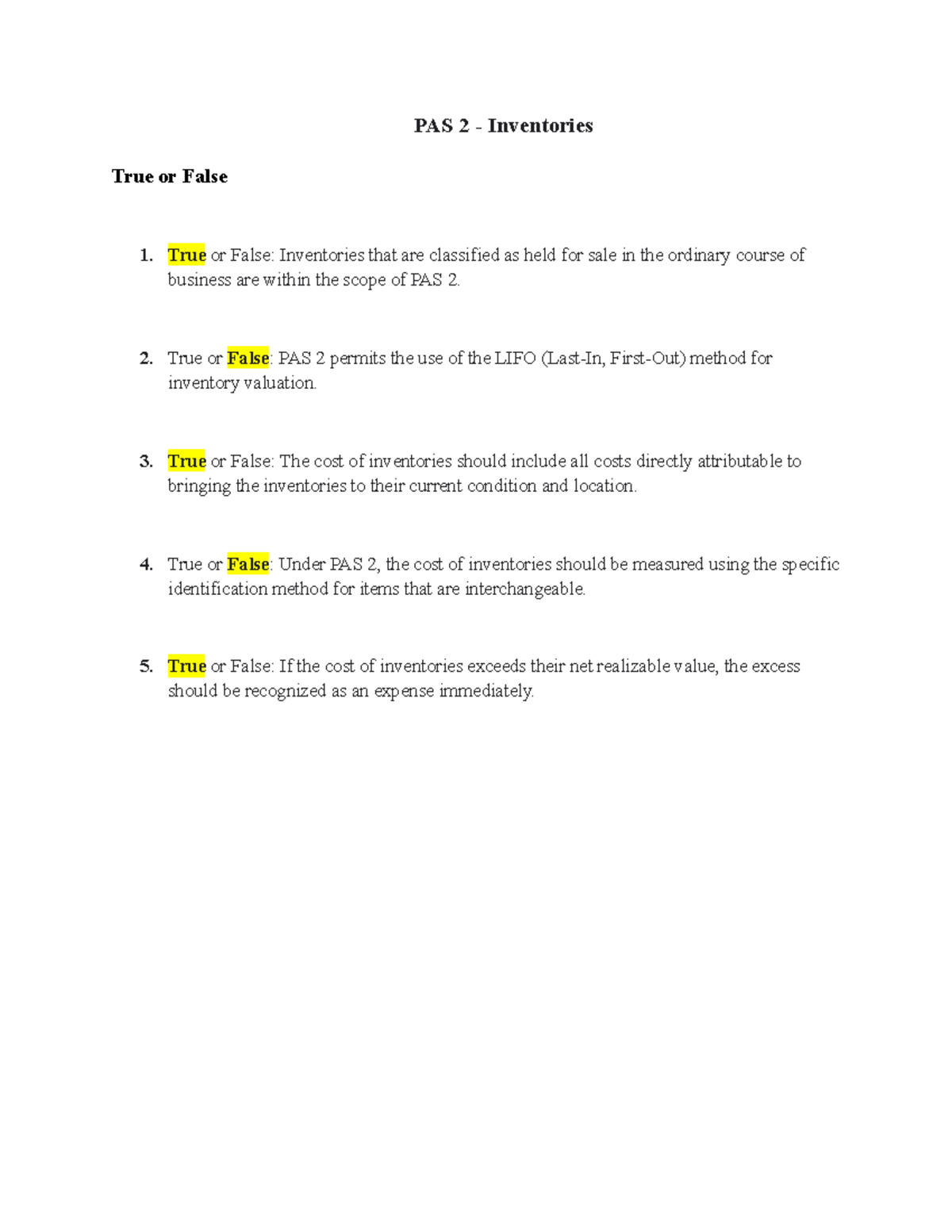 PAS 2 Inventories - T or F 1 - PAS 2 - Inventories True or False True ...