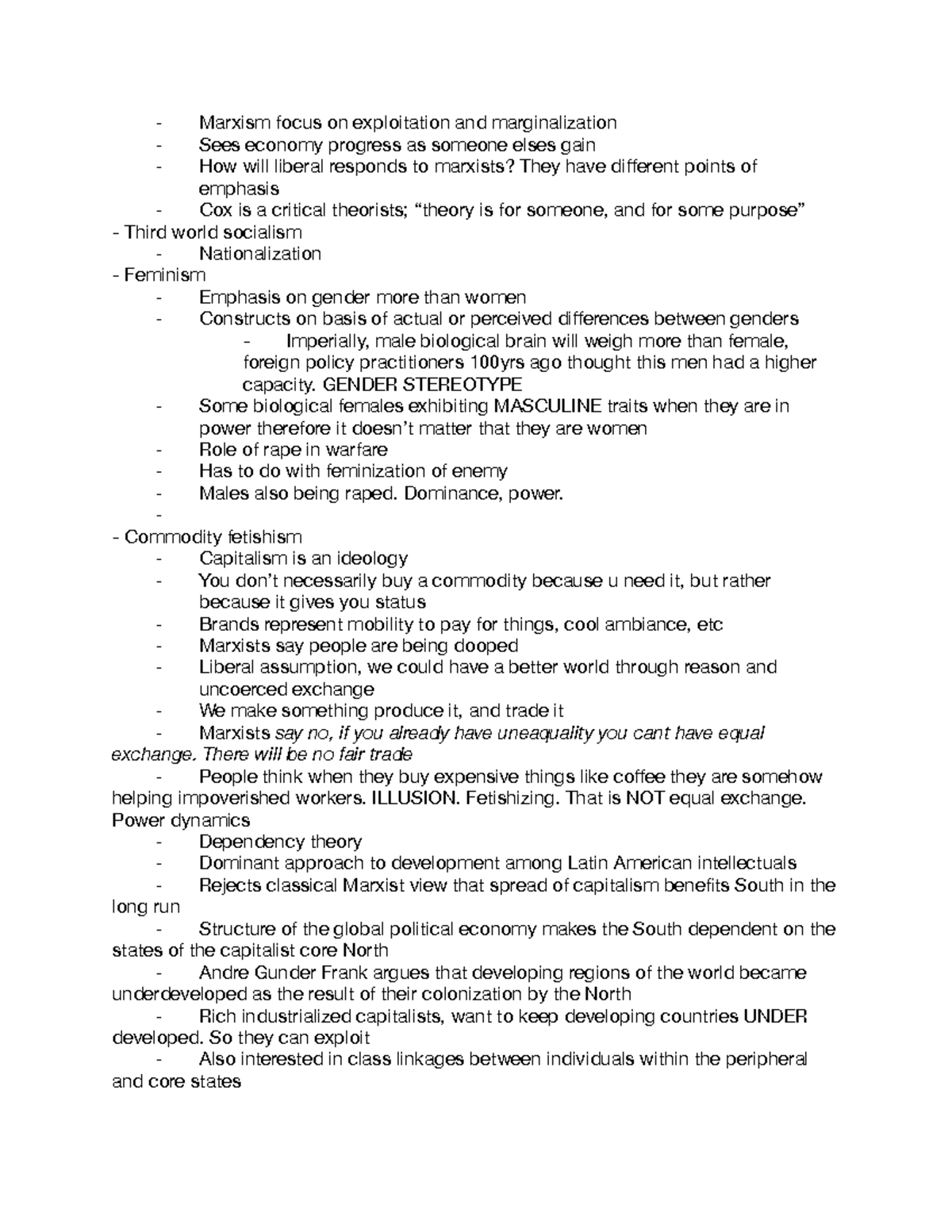 260 notes on lecture - ⁃ Marxism focus on exploitation and ...