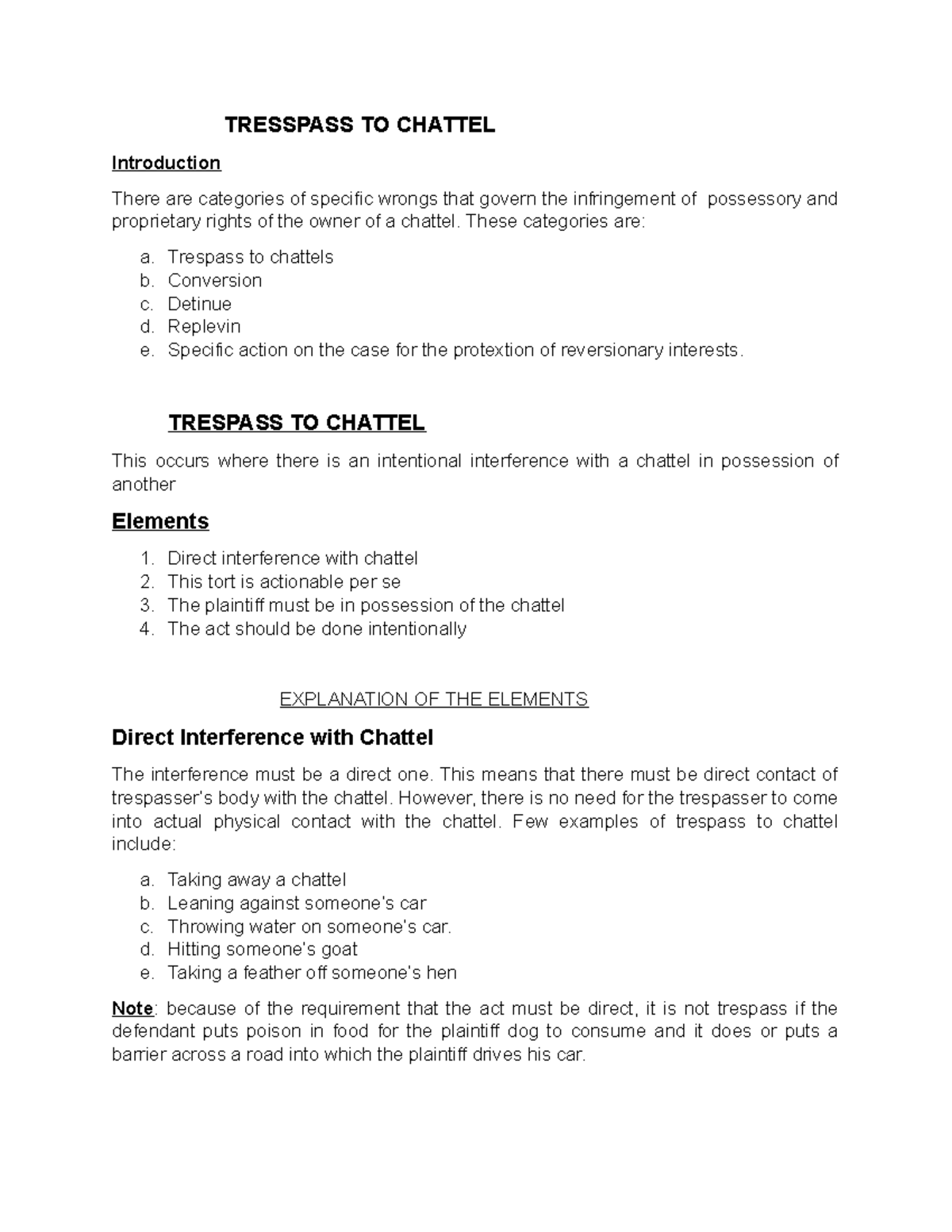 Tresspass TO Chattel simple notes TRESSPASS TO CHATTEL Introduction