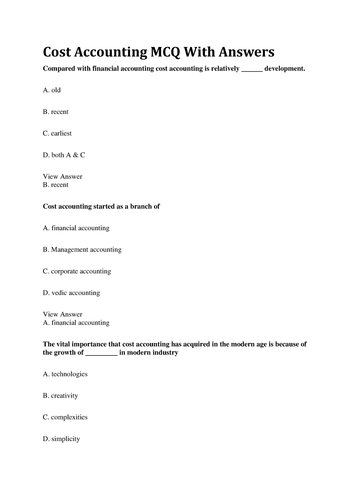 Cost Accounting MCQ With Answers - Cost Accounting MCQ With Answers ...