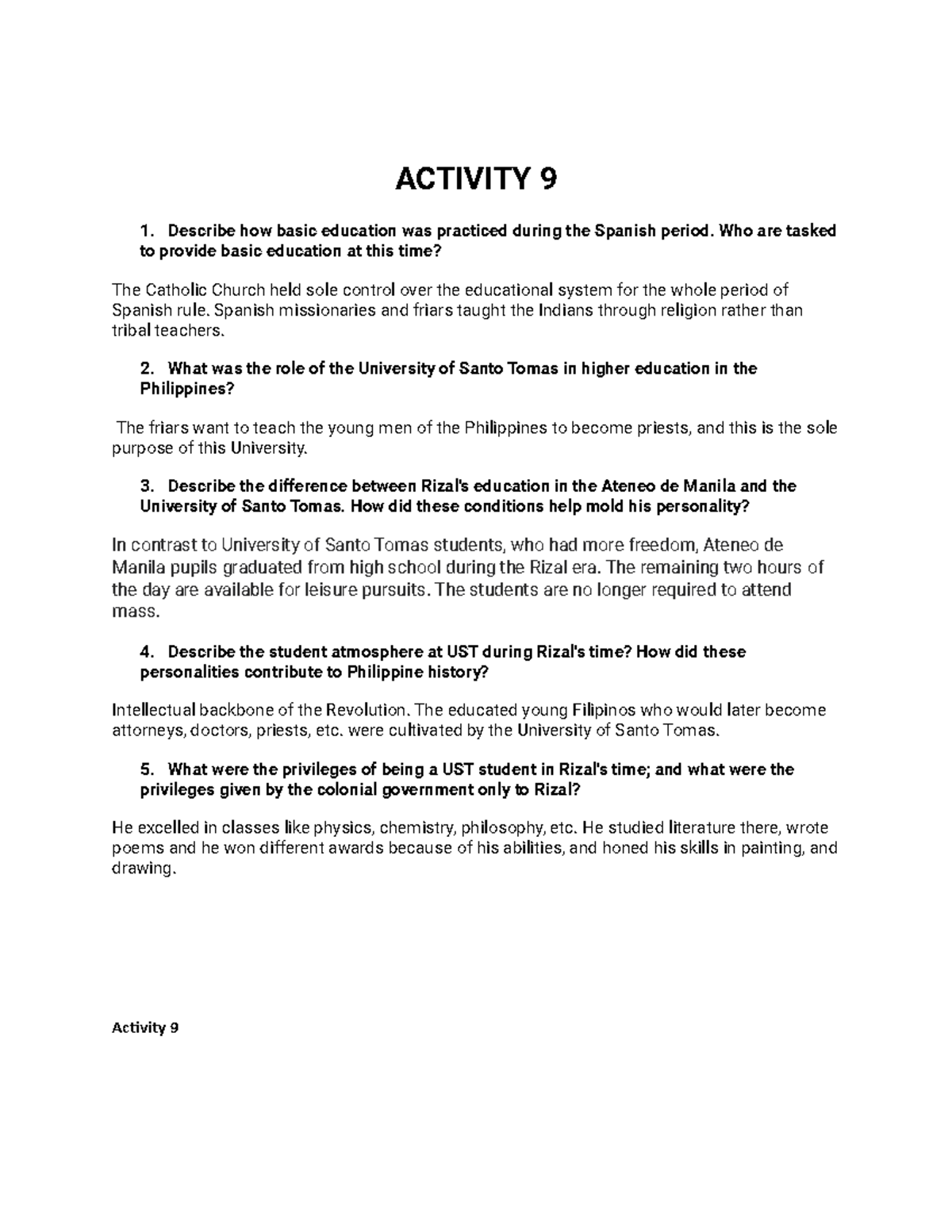 RN9 RizalChapter9 ACTIVITY 9 Describe how basic education was