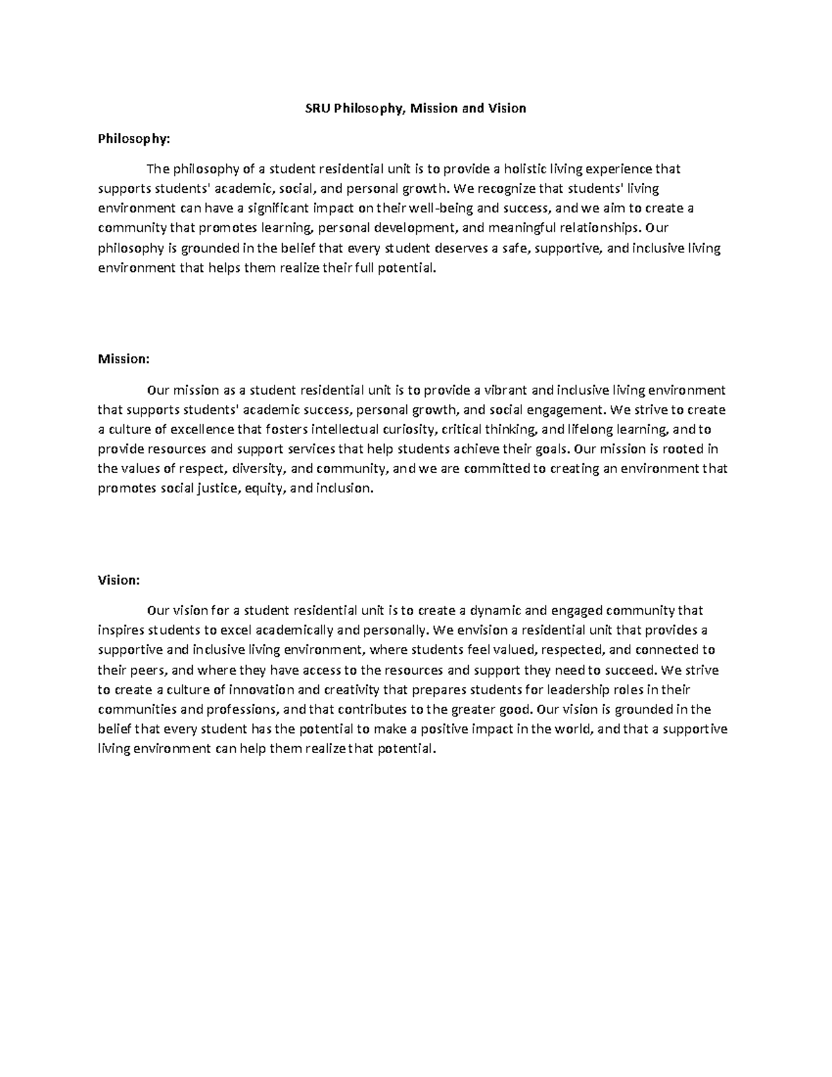 SRU Philosophy, Mission and Vision - SRU Philosophy, Mission and Vision ...