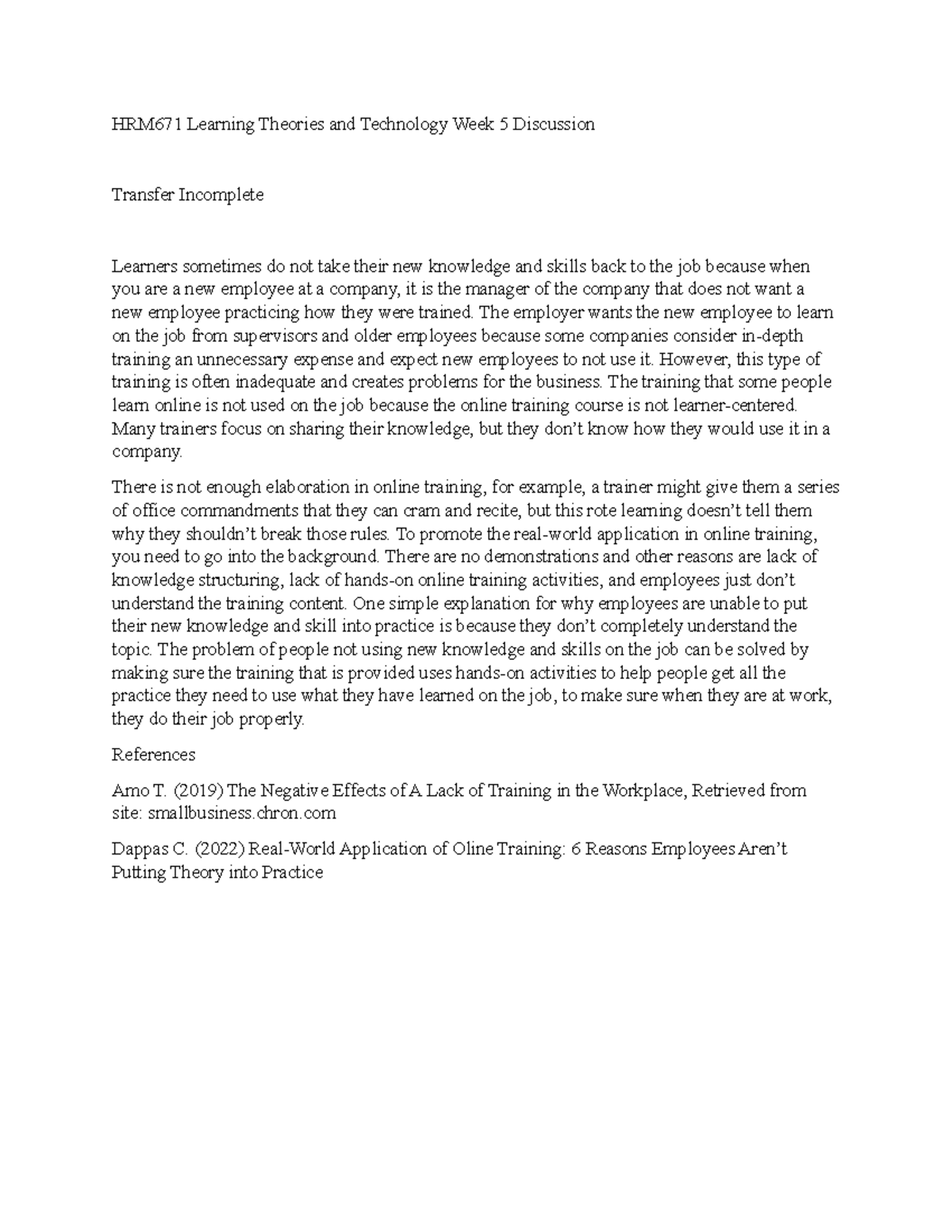 Hrm671 week 5 discussions transfer incomplete hrm671 learning