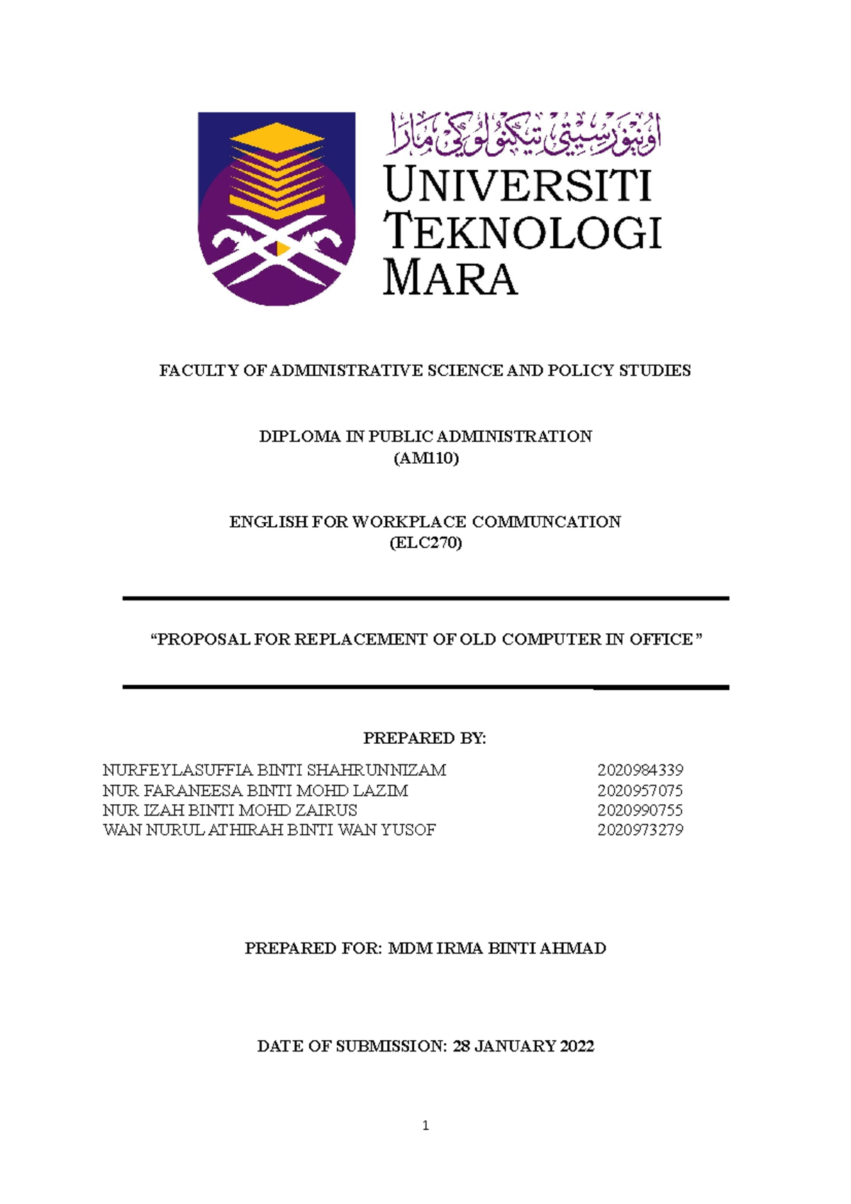 Proposal FOR Replacement OLD Computers IN THE Office - FACULTY OF ...