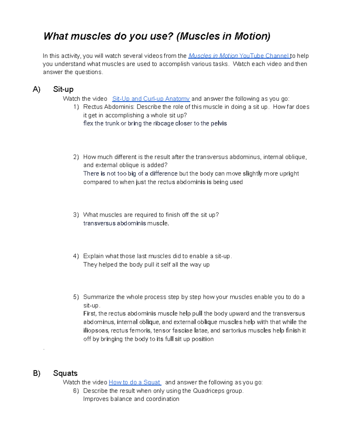Copy of Muscles in Motion What muscles do you use when you work out